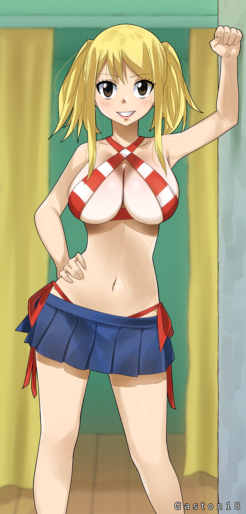 big_breasts blonde_hair cleavage cosplay cute fairy_tail female female_only gaston18 lucy_heartfilia miniskirt red_bikini small_panties smile twintails