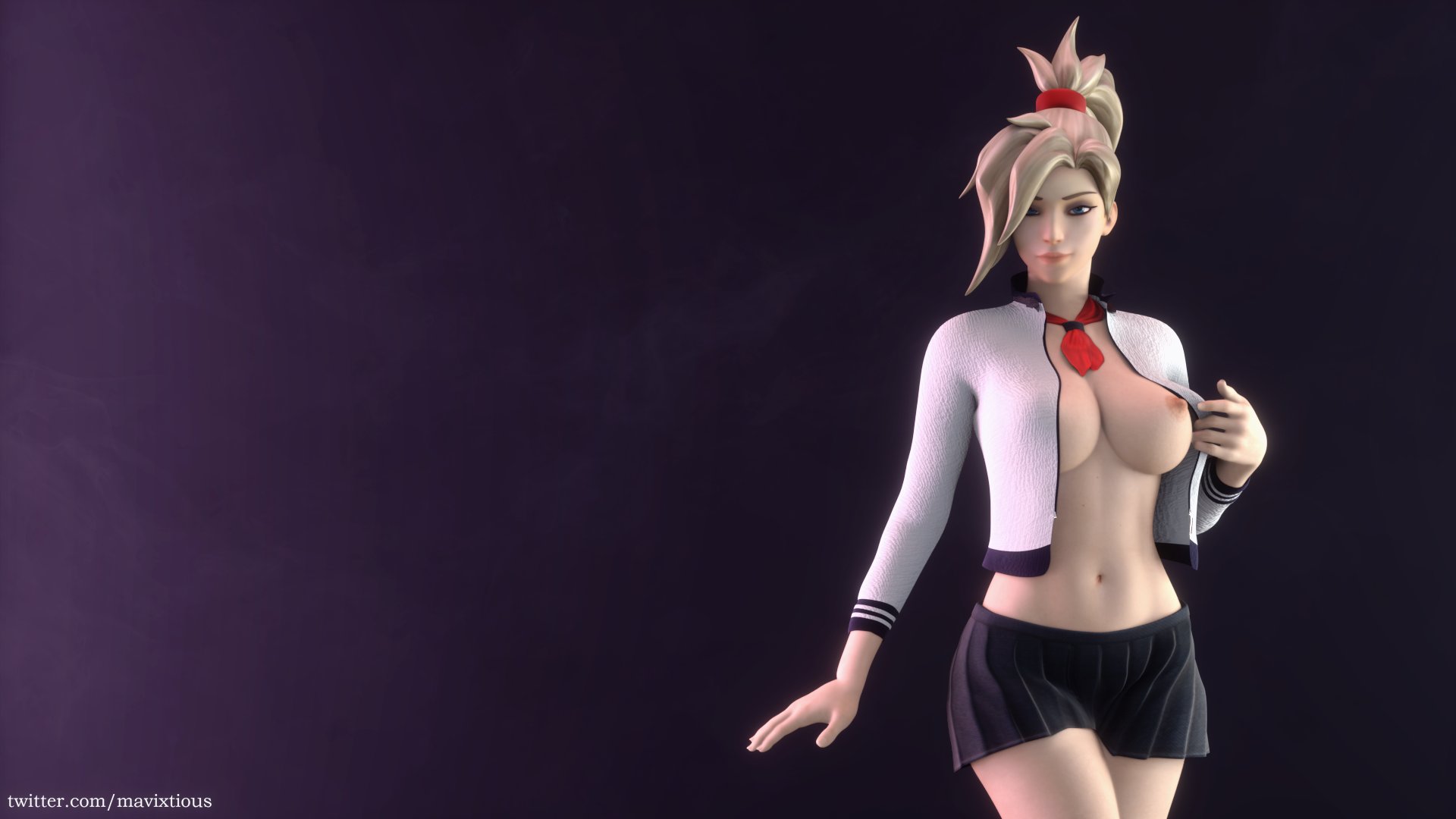 1girls, 3d, areolae, big breasts, blender, breasts, female, female only, large breasts, looking at viewer, mavixtious, mercy, nipples, overwatch, solo