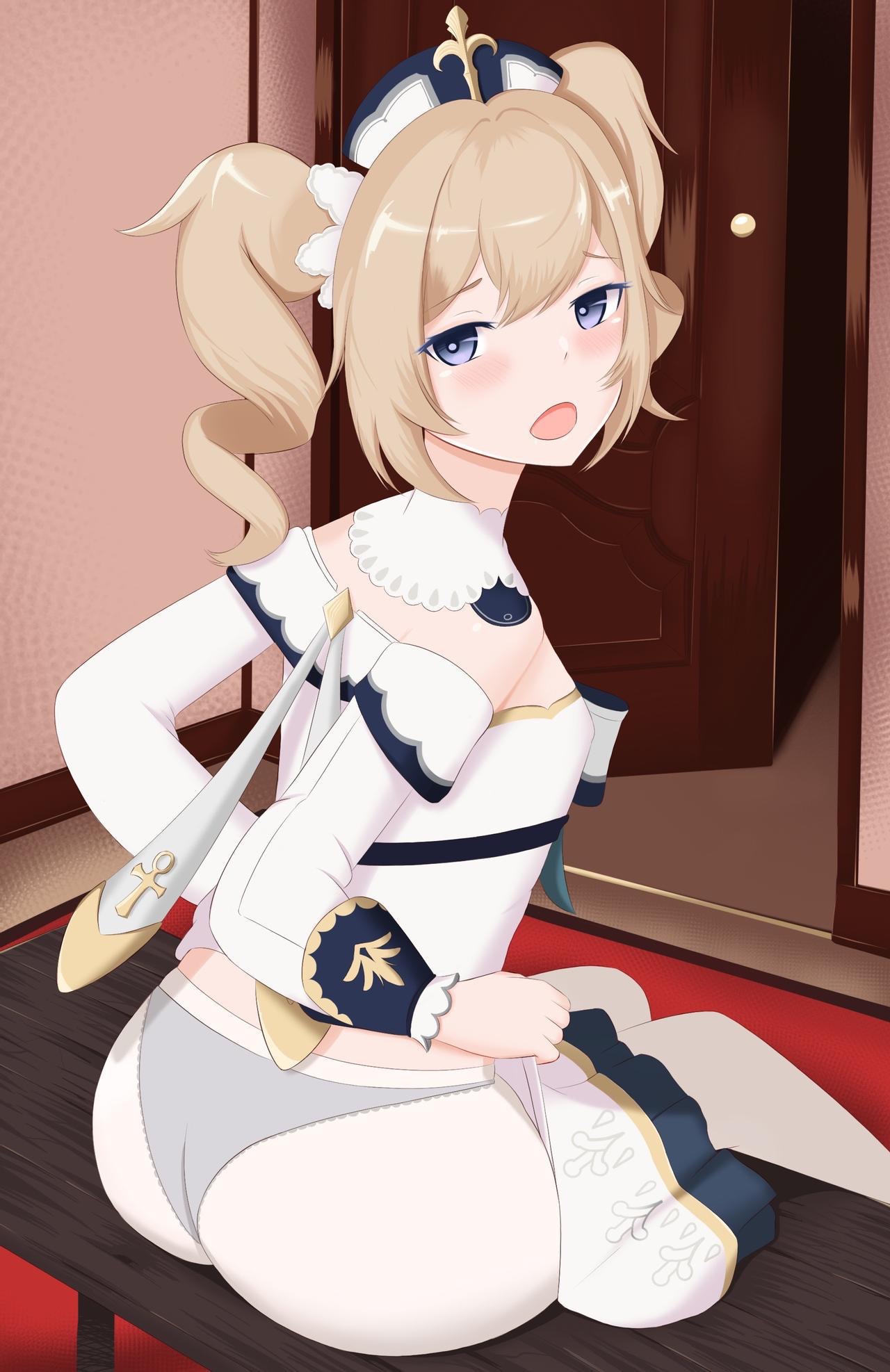 1girls, ass, bad id, barbara (genshin impact), black panties, blonde hair, blue eyes, blush, breasts, cute, eye contact, eyelashes, female, fringe, genshin impact, light skin, looking at viewer, looking back, nicksuslin, nun, panties, panties under pantyhose, pantyhose, presenting ass, purple eyes, slim, small breasts, solo female, solo focus, teenager, tights, twintails