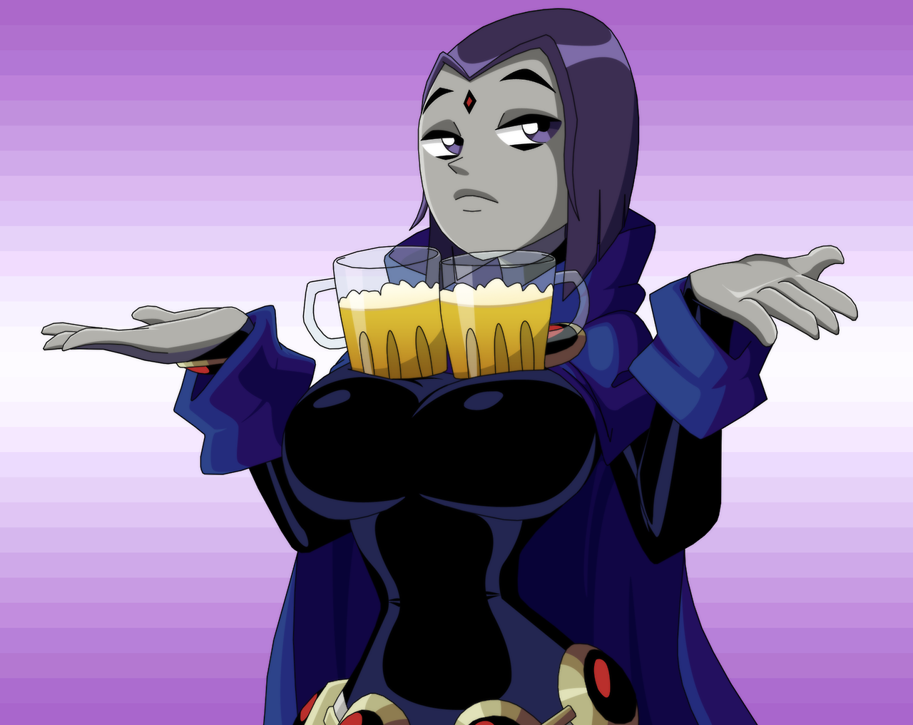 beer, big breasts, boob shelf, breasts, colored, cup, dc, dc comics, female, leotard, mug, purple eyes, purple hair, raven (dc), ravenravenraven, short hair, smooth skin, teen titans, tight clothing