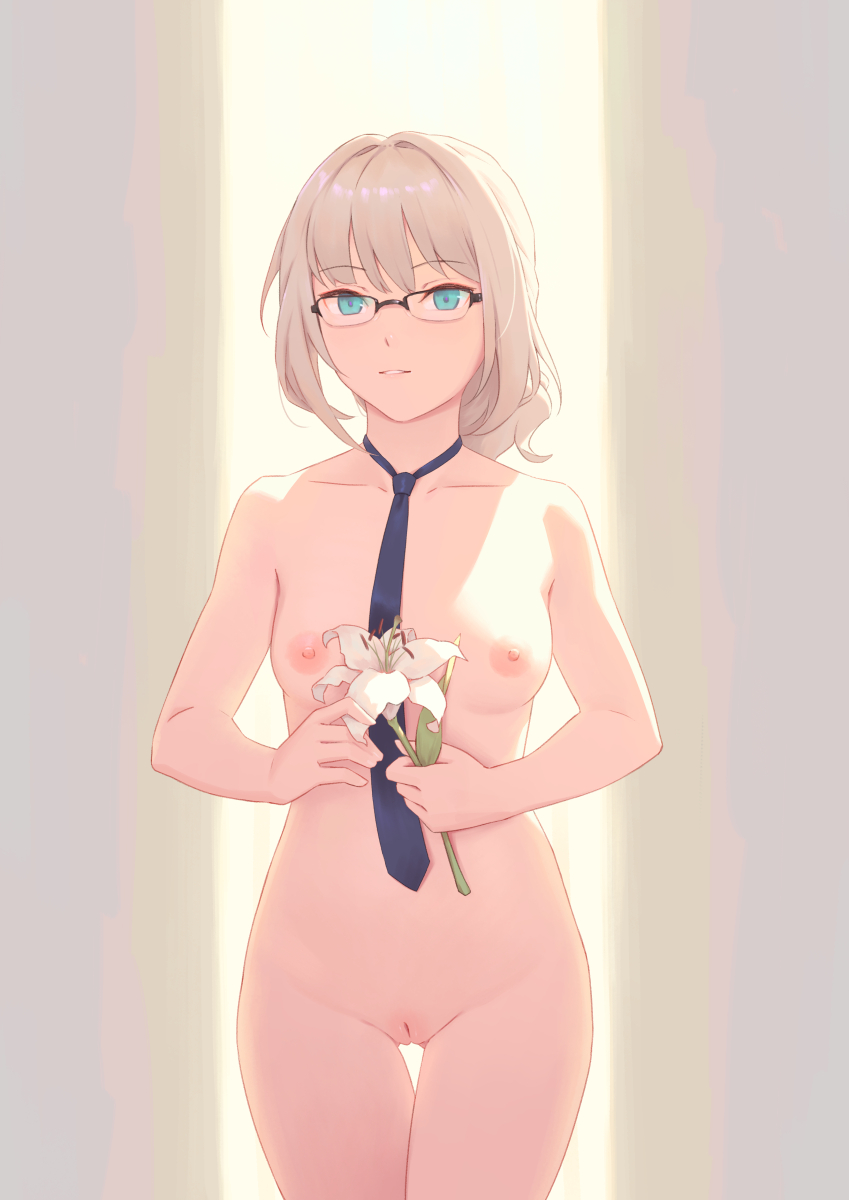 1girls an-94_(girls'_frontline) bigrbear blue_neckwear braid breasts brown_background casual_nudity cowboy_shot female flower french_braid girls'_frontline glasses green_eyes highres holding holding_flower looking_at_viewer medium_breasts naked_necktie necktie nipples nude parted_lips platinum_blonde_hair pussy short_hair thigh_gap two-tone_background uncensored yellow_background