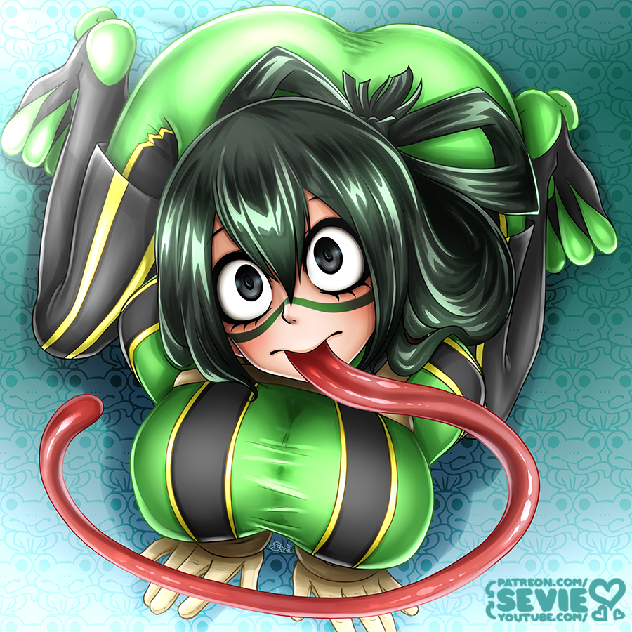1girls, big breasts, black eyes, bodysuit, boots, breasts, busty, clothed, clothed female, female, female only, frog girl, froppy, full body, gloves, green hair, green-haired female, hero outfit (mha), long hair, long tongue, looking at viewer, my hero academia, sevie, skin tight, solo, solo female, solo focus, squatting, teenager, thick thighs, thighs, tongue, tongue out, tsuyu asui