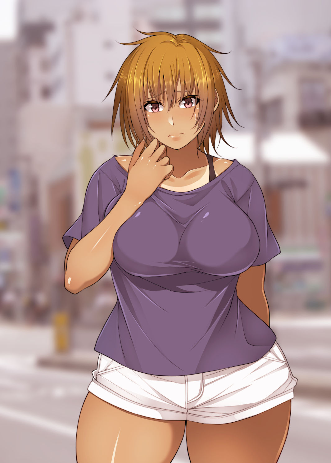 1girls, ass, bare legs, bare thighs, before sex, blush, blushing at viewer, booty shorts, bra, breasts, brown hair, clothed, clothed female, clothes, clothing, dark skin, dark-skinned female, doujinshi, female, female only, frown, hiyori (korotsuke), hiyori (the creepy glasses girl), hiyori namikawa, korotsuke, large ass, large breasts, lips, shiny, shiny hair, shiny lips, shiny skin, shirt, short hair, shorts, solo, solo female, solo focus, tan, tan skin, tanline, textless, the creepy glasses girl