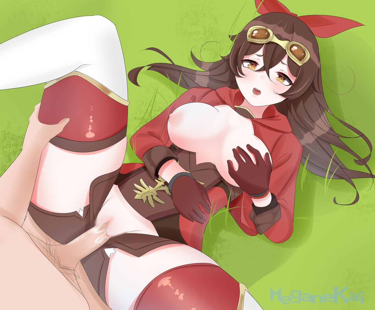 amber (genshin impact), amber eyes, boots, breasts, censored, cum, cum in pussy, female, genshin impact, goggles on head, hairbow, pussy