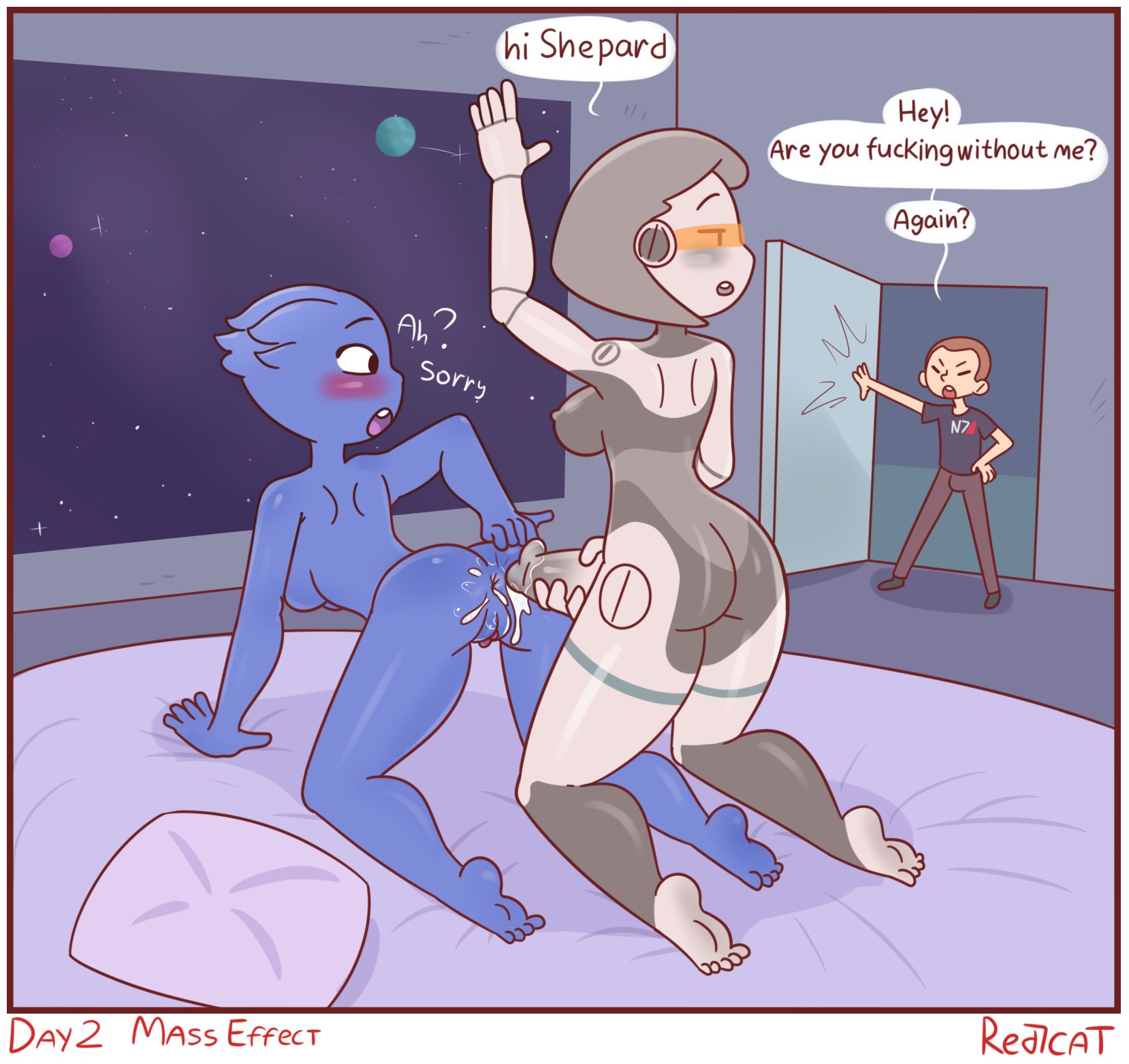 1boy, 1futa, 1girls, alien, alien girl, all fours, anal, android, angry, anus, asari, ass, bed, blue skin, blush, clothed, clothed male nude female, clothes, clothing, commander shepard, cum, cum in ass, cum inside, cum on ass, cum on lower body, doggy style, edi, english, english text, female, futa on female, futa with male, futanari, hand on penis, holding penis, intersex, liara t'soni, male, maleshep, mass effect, mass effect 3, nude, on bed, orange-tinted eyewear, penis, pussy, red7cat, robot girl, text, thick thighs, tinted eyewear, visor, young