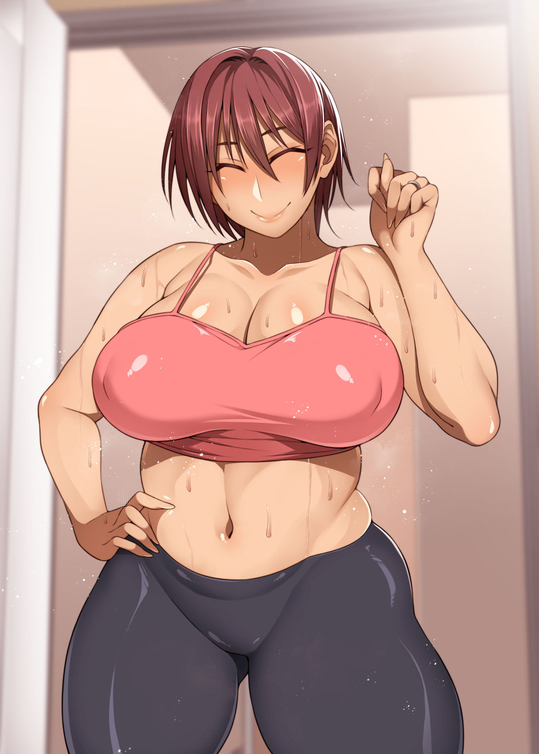 1girls before_sex big_ass big_breasts blush closed_eyes clothed clothed_female clothing crop_top curvy doujinshi female huge_breasts korotsuke large_breasts looking_at_viewer milf mother nipple_bulge original original_character plump sayako-san sayako-san_(korotsuke) shiny_hair shiny_skin short_hair squint sweat sweatdrop sweatpants textless the_creepy_glasses_girl thick_thighs voluptuous whore_of_babylon whore_of_babylon_(korotsuke) yoga_pants