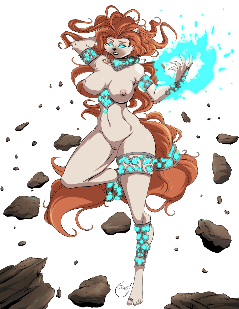 alpha_channel anthro blue_eyes breasts brown_hair domestic_cat felid feline felis female genitals glowing glowing_eyes hair hi_res jasmine_(yawg) magic mammal navel nipples nude pussy simple_background solo transparent_background yawg