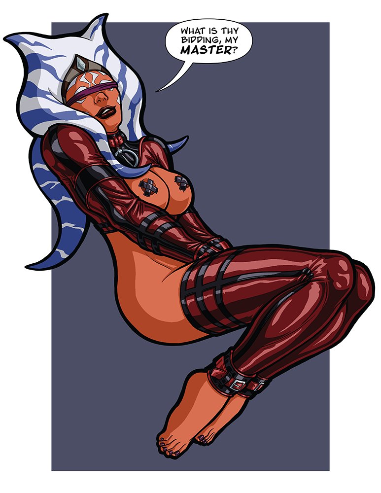 1girls, ahsoka tano, alien, alien girl, asking, barefoot, blindfold, boobs, breasts, dialogue, duct tape, english text, female, female focus, female only, headband, hourglass figure, latex, medium breasts, nail polish, orange skin, pasties, red lips, simple background, solo, speech bubble, star wars, star wars rebels, talking, text, trpxart, wide hips