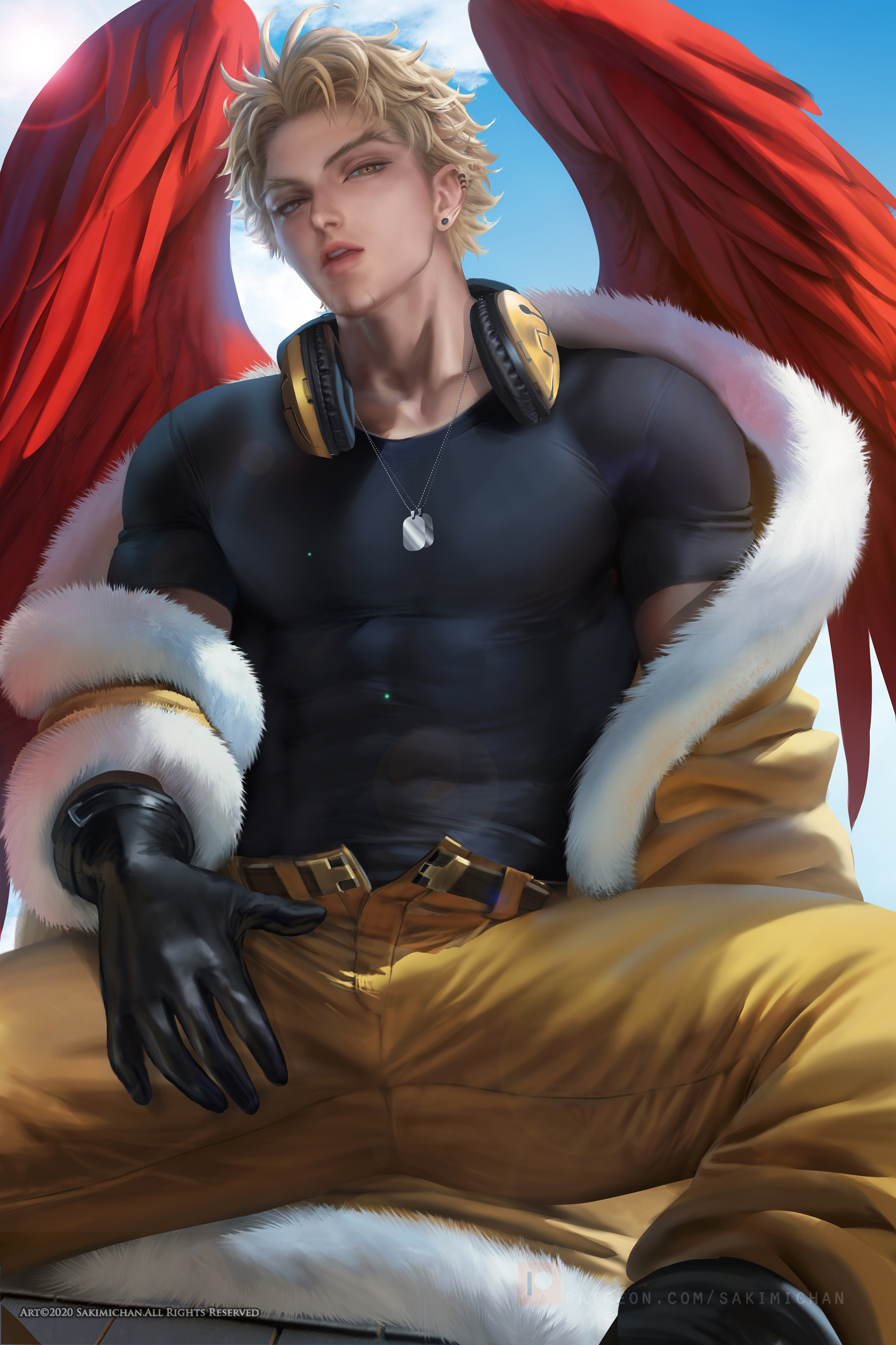 1boy, blonde hair, clothed, clothing, gay, gloves, hawks (my hero academia), headphones, headphones around neck, keigo takami, looking at viewer, looking down, looking down at viewer, low-angle view, male, male only, muscular, muscular male, my hero academia, pose, sakimichan, sitting, skin tight, solo, spread legs, tight clothing, wings, yellow eyes