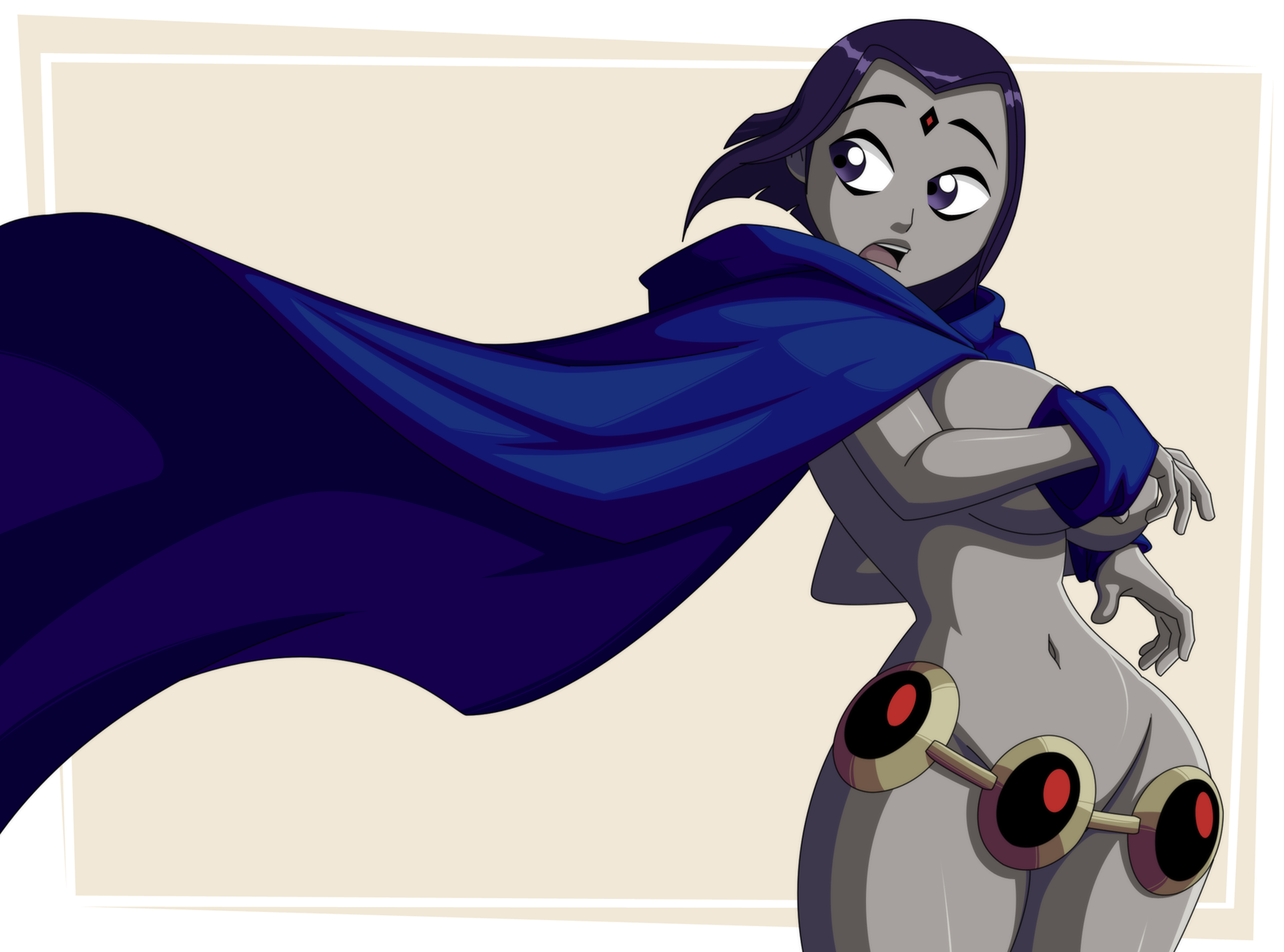 1girls, big breasts, breasts, cape, color, colored, convenient censoring, dc, dc comics, favorite, female, female only, navel, no bra, no panties, nude, rachel roth, raven (dc), ravenravenraven, smooth skin, solo, superheroine, teen titans, thick thighs, thin waist, wide hips, wind lift