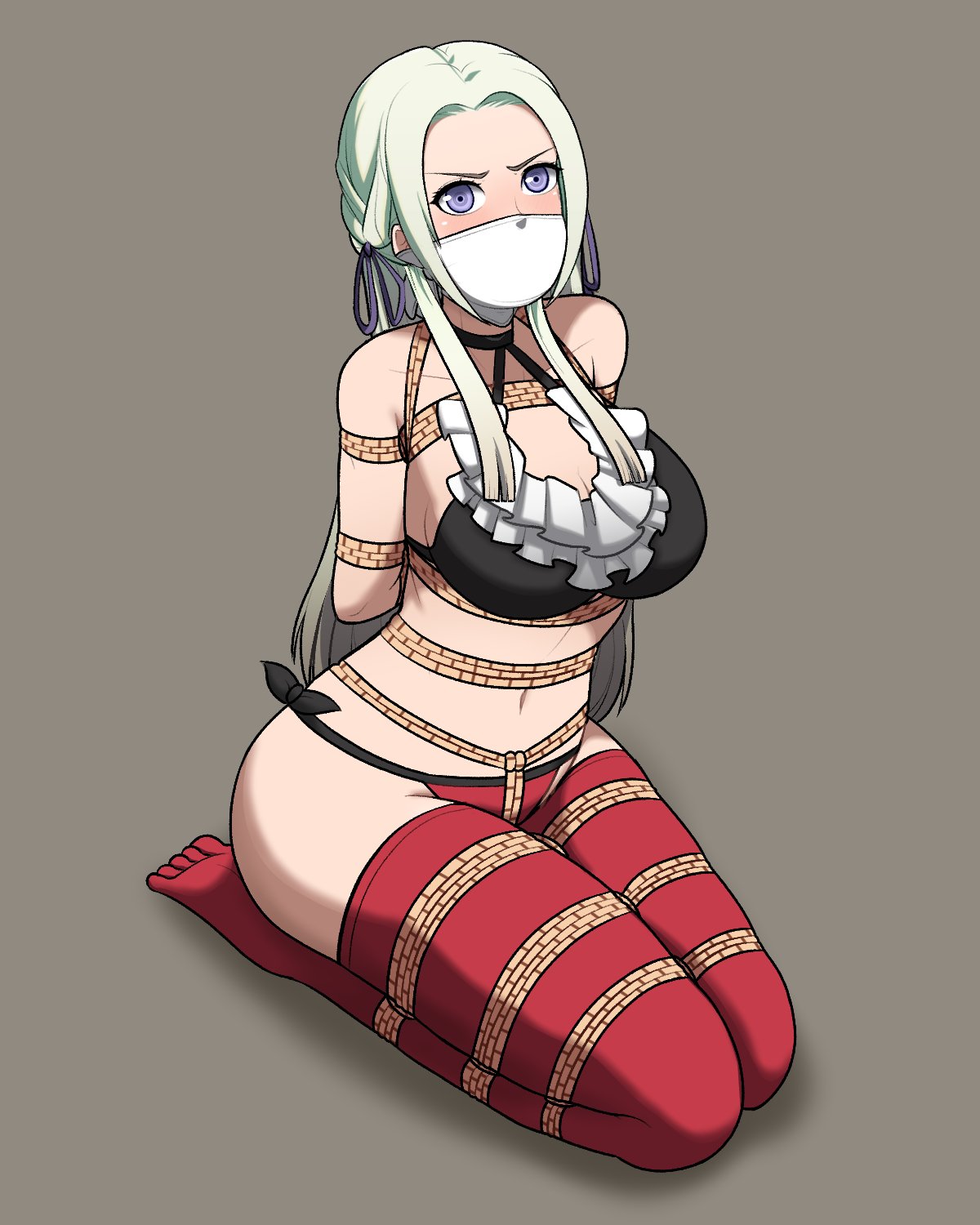 1girls, angry, arms behind back, black bra, blue eyes, bondage, bra, breasts, dankestofdans, edelgard von hresvelg, female, fire emblem, fire emblem: three houses, gag, kneeling, large breasts, long hair, looking at viewer, nintendo, panties, red panties, red thighhighs, restrained, rope, rope bondage, solo, thighhighs, thighs, underwear, underwear only, white hair