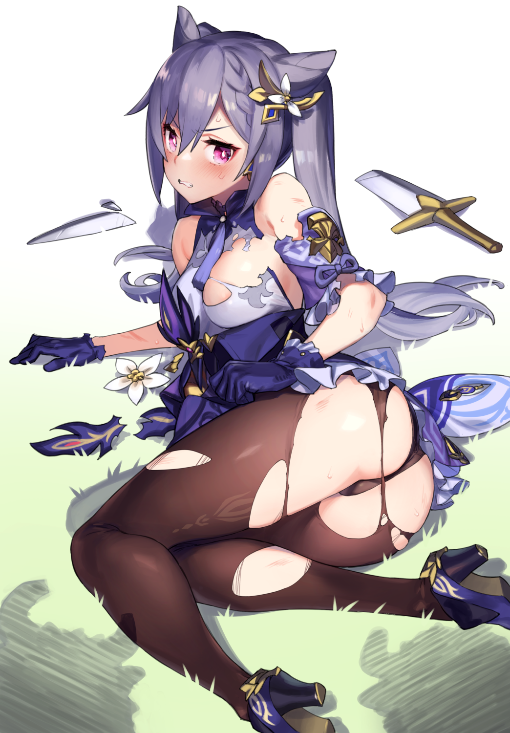 1girls 92m ass black_legwear black_panties blush breasts broken_sword defeated exposed_ass female genshin_impact high_heels highres hilichurls_(species) imminent_rape imminent_sex keqing_(genshin_impact) looking_at_viewer lying monster panties purple_eyes purple_hair scared shadow sweat torn_clothes torn_dress torn_pantyhose twintails underwear