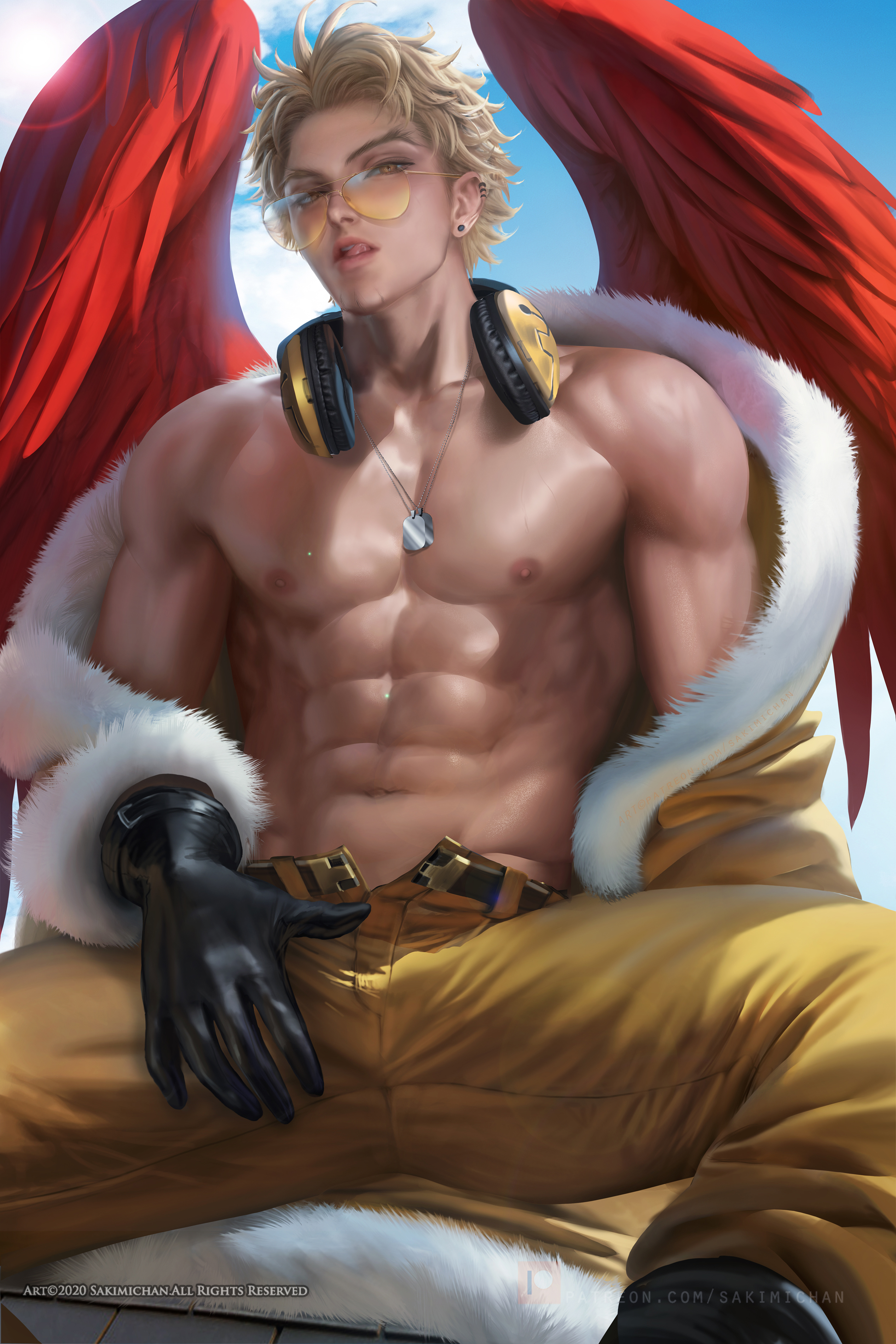 blonde hair, glasses, gloves, hawks (my hero academia), headphones, keigo takami, male, male only, my hero academia, sakimichan, shirtless, yellow eyes