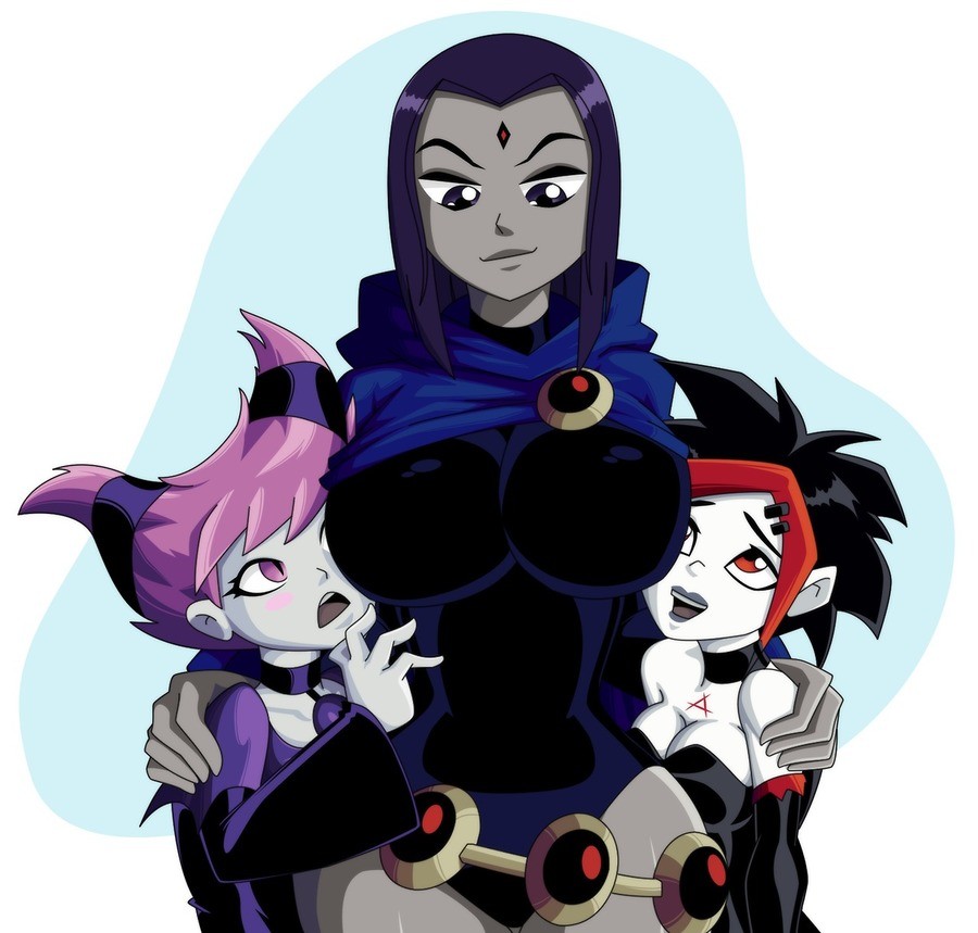 3girls argent_(dc) breast_envy colored dc dc_comics female female_only jinx_(dc) large_breasts multiple_girls rachel_roth raven_(dc) ravenravenraven size_difference smooth_skin teen_titans yuri