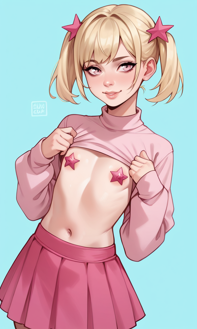 1girls aged_down ai_generated andava_(style) blonde_hair crop_top flat_chest flat_chested kosine1777 kosineverse long_sleeves natsuki_(kosine1777) nipple_pasties original original_character pink_pasties pink_skirt pink_topwear skirt small_breasts star_pasties twintails