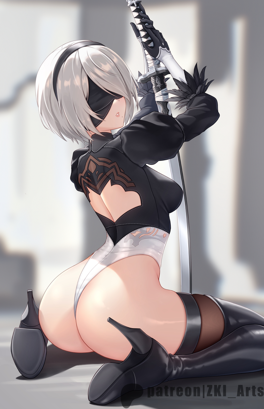 1girls android ass ass ass_focus back_view black_boots black_gloves black_thighhighs blindfold boots breasts bubble_ass fat_ass female female_only gloves high_heels highres large_ass large_breasts leotard looking_at_viewer looking_back nier nier:_automata robot robot_girl sword thick_ass thick_thighs thigh_boots thighhighs thighs voluptuous white_hair wide_hips yorha_2b z-ki