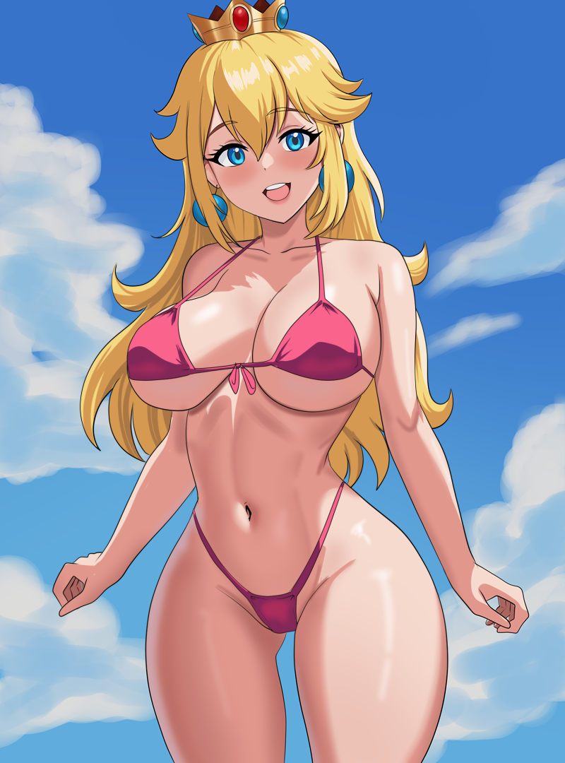 1girls big_breasts bikini bikini_bottom bikini_top blonde_hair blue_eyes breasts brokencog busty cleavage crown female female_only large_breasts mario_(series) navel nintendo open_mouth outdoors pink_bikini princess_peach smile solo solo_female solo_only super_mario_bros. thong_bikini