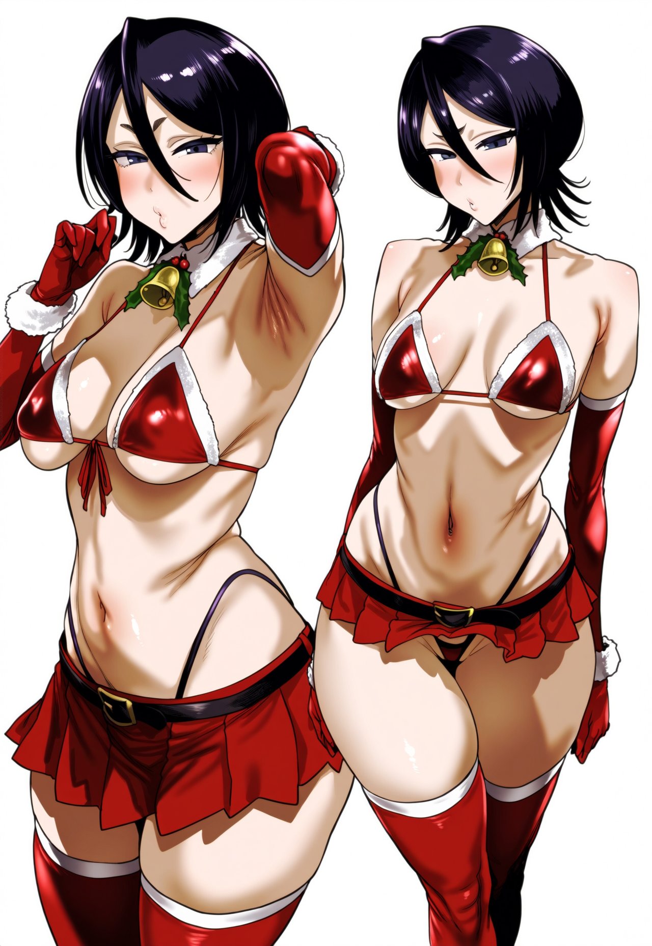 ai_generated arm_behind_head armpit_crease armpit_fetish black_hair bleach blushing_at_viewer choker_bell christmas christmas_bikini christmas_outfit color female grey_eyes kuchiki_rukia large_breasts light-skinned_female looking_at_viewer osyasenpai shounen_jump solo_focus tagme thick_thighs thighhighs twitter uncensored viz_media