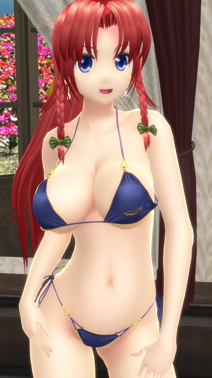 1girls 2023 3d belly_button bikini blue_bikini blue_eyes breasts cleavage curtains curtains_open earrings flowers green_bowtie hands_on_legs hati_yukkuri_mmd hips hong_meiling indoors interior_background jpeg light-skinned_female long_hair_female looking_at_viewer mansion mmd open_mouth open_smile red_hair_female smiling_at_viewer solo_female solo_focus swimsuit tied_hair touhou waist windows yellow_ribbon youkai