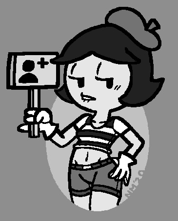 2020 2020s artist_initials biting_lip blush crop_top domino_(nuclearmime) follower_bait gloves grey_background greyscale hands_on_hips holding_sign horny_female looking_away mime mime_girl mime_hat no_sex nuclearmime pixel_art shorts thighs