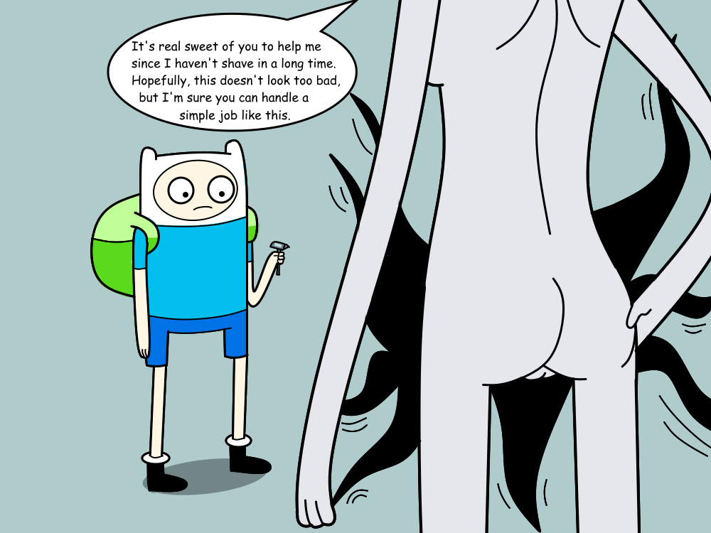 1boy 1boy1girl adventure_time ass back_view bush bushy_pubes clothed_male_nude_female dialogue eyes_wide_open female finn_the_human gray_body grey_skin hair hairy_pussy hand_on_hip holding_object horrified_expression human lincylover_(artist) looking_at_another marceline naked naked_female out_of_frame out_of_frame_female pussy shaver simple_background standing tentacle tentacle_hair vampire vampire_girl