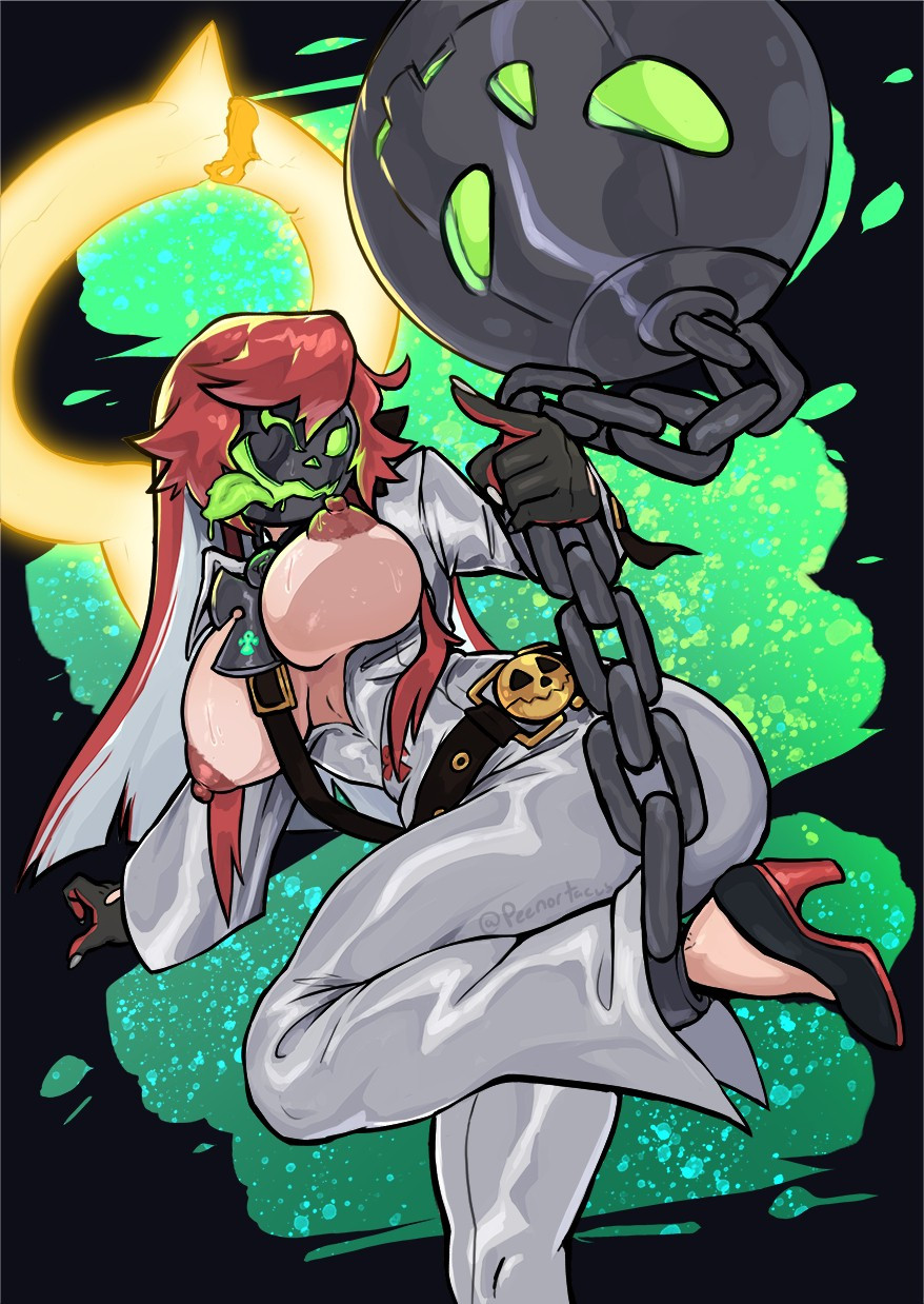 1girls 2024 big_nipples breasts breasts_out digital_media_(artwork) female female_only guilty_gear guilty_gear_strive jack-o'_valentine one_eye_closed partially_clothed peenortacus pumpkin_head red_hair solo solo_female weapon wink