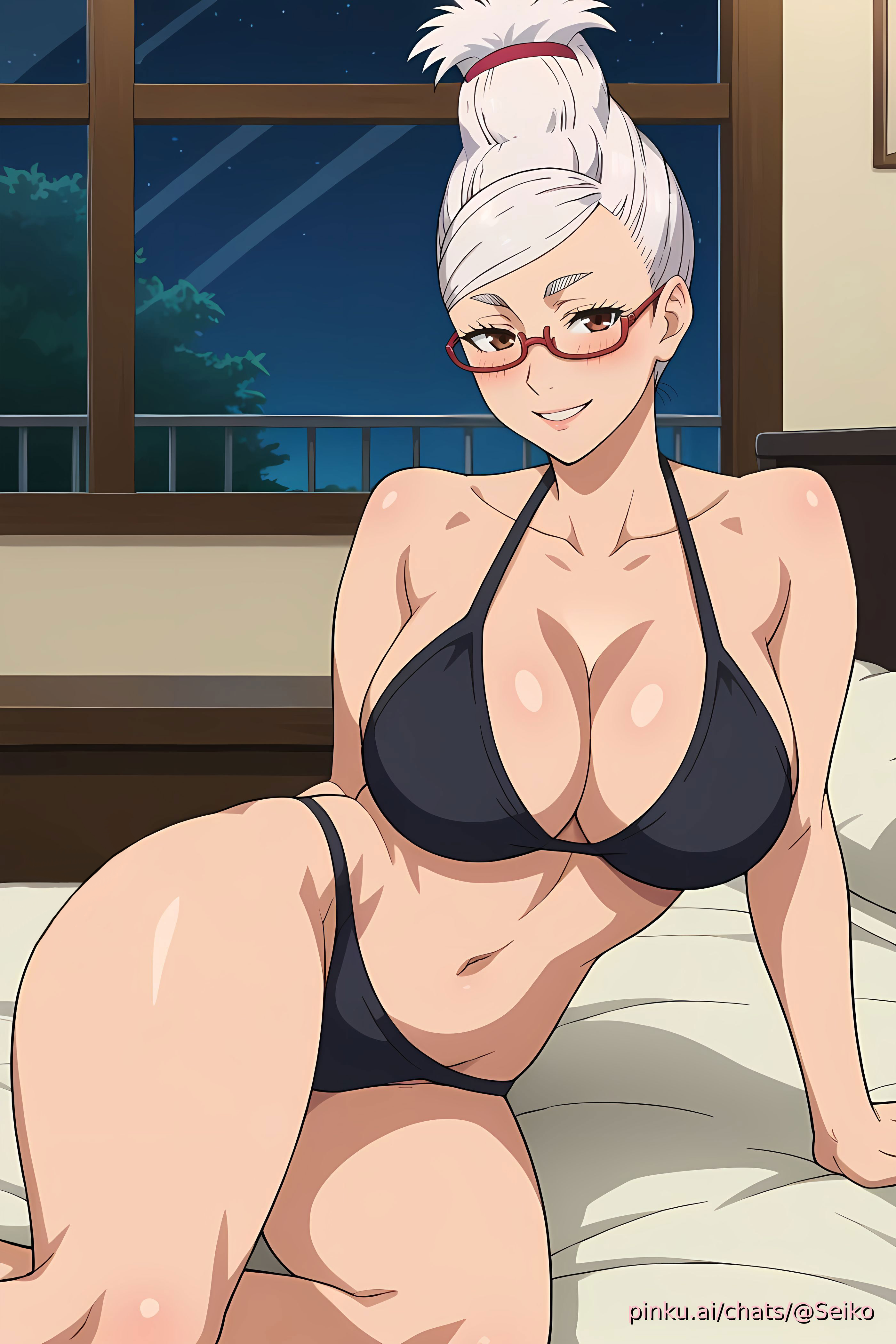 ai generated, ayase seiko, blush, breasts, dandadan, female, gilf, glasses, lingerie, looking at viewer, underwear, wallpaper