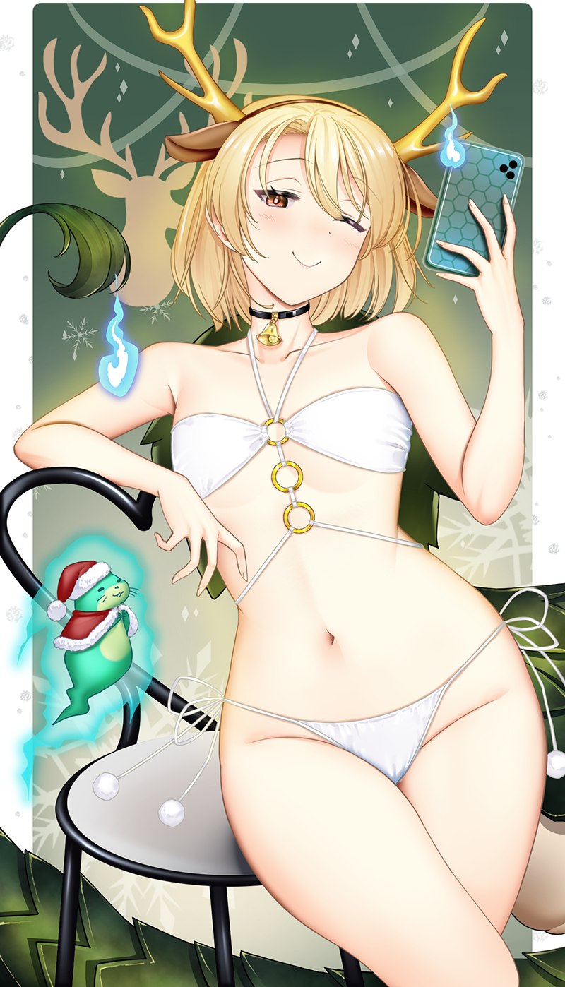 bell blonde_hair chair christmas female hataraki_kuma horns kicchou_yachie navel otter phone shell smile swimsuit tail wink