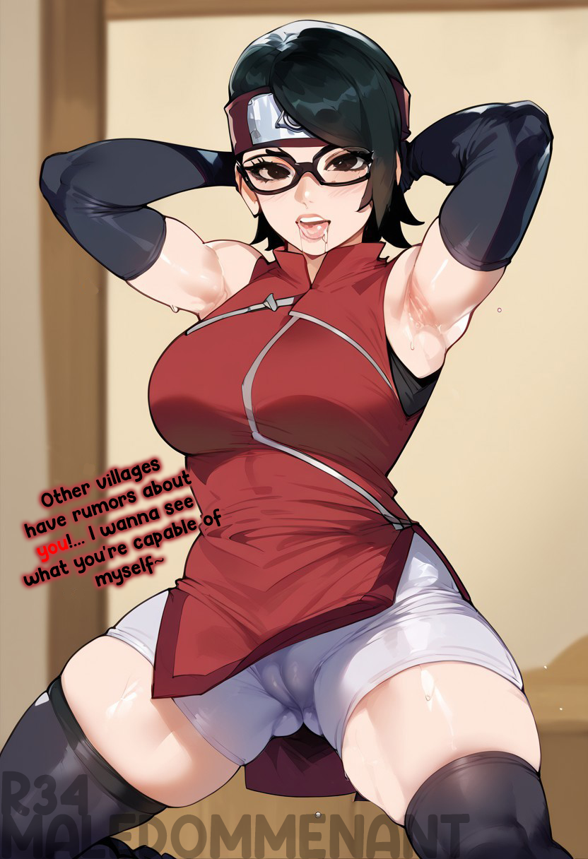 ai_assisted ai_generated armpits arms_up black_hair boruto:_naruto_next_generations cameltoe challenge civitai drooling glasses hands_behind_head headband legs_apart legs_spread looking_at_viewer naruto original_character pussy_bulge red_dress sarada_uchiha sleeveless_shirt sleeves squatting sweat thick_thighs thigh_highs thighhighs tongue tongue_out uchiha_sarada white_shorts