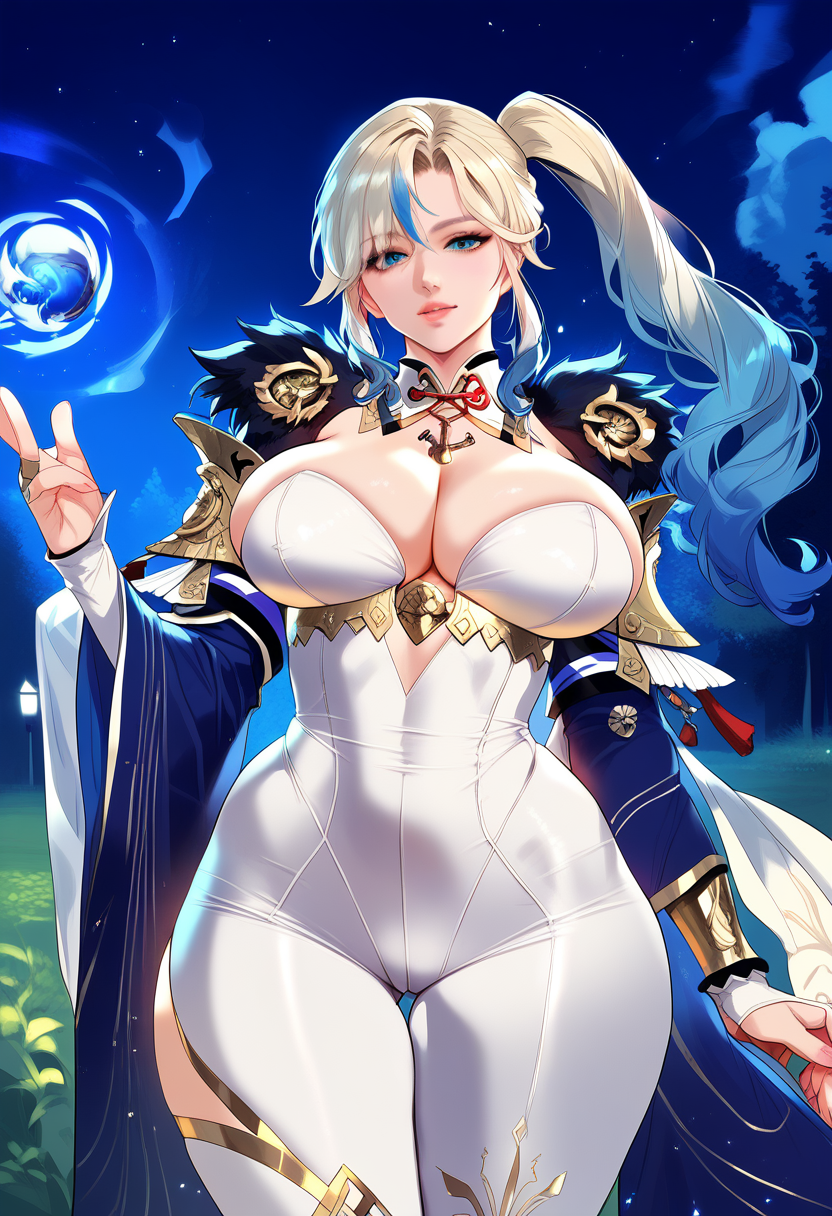 2d ai_generated big_breasts bodysuit female female_focus female_only multicolored_hair night side_ponytail solo solo_female solo_focus tagme vindictus white_hair