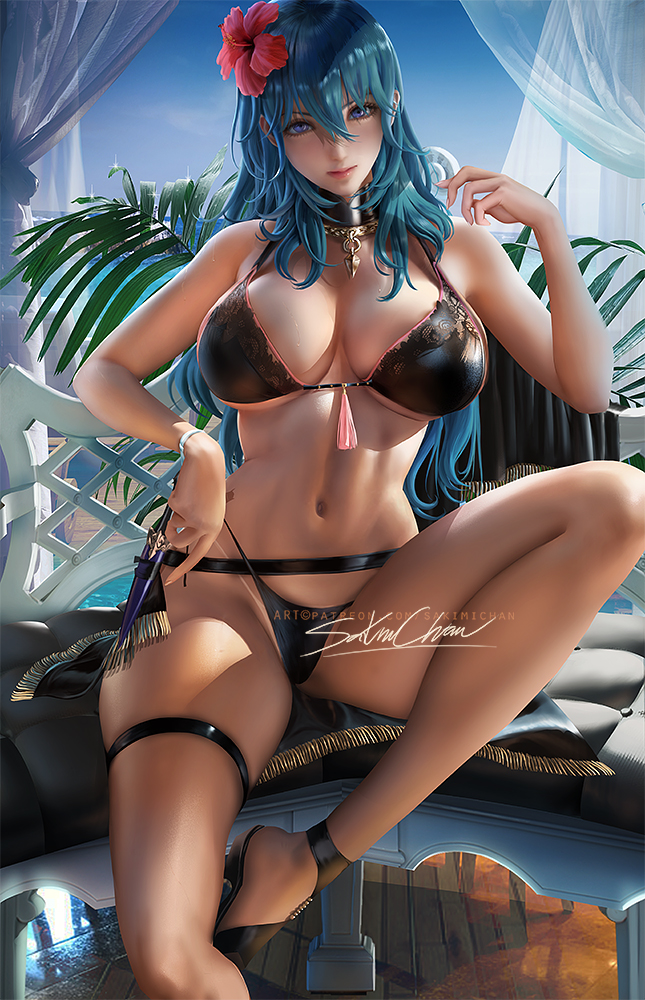 1girls, alternate costume, big breasts, bikini, black bikini, black footwear, black swimsuit, breasts, byleth (fire emblem), byleth (fire emblem) (female), cleavage, female, female only, fire emblem, fire emblem heroes, fire emblem: three houses, flower in hair, hair flower, high heels, large breasts, looking at viewer, nintendo, official alternate costume, pinup, red flower, sakimichan, sandals, sideboob, solo, swimsuit, tan, tanline, teal hair, underboob, undressing, water