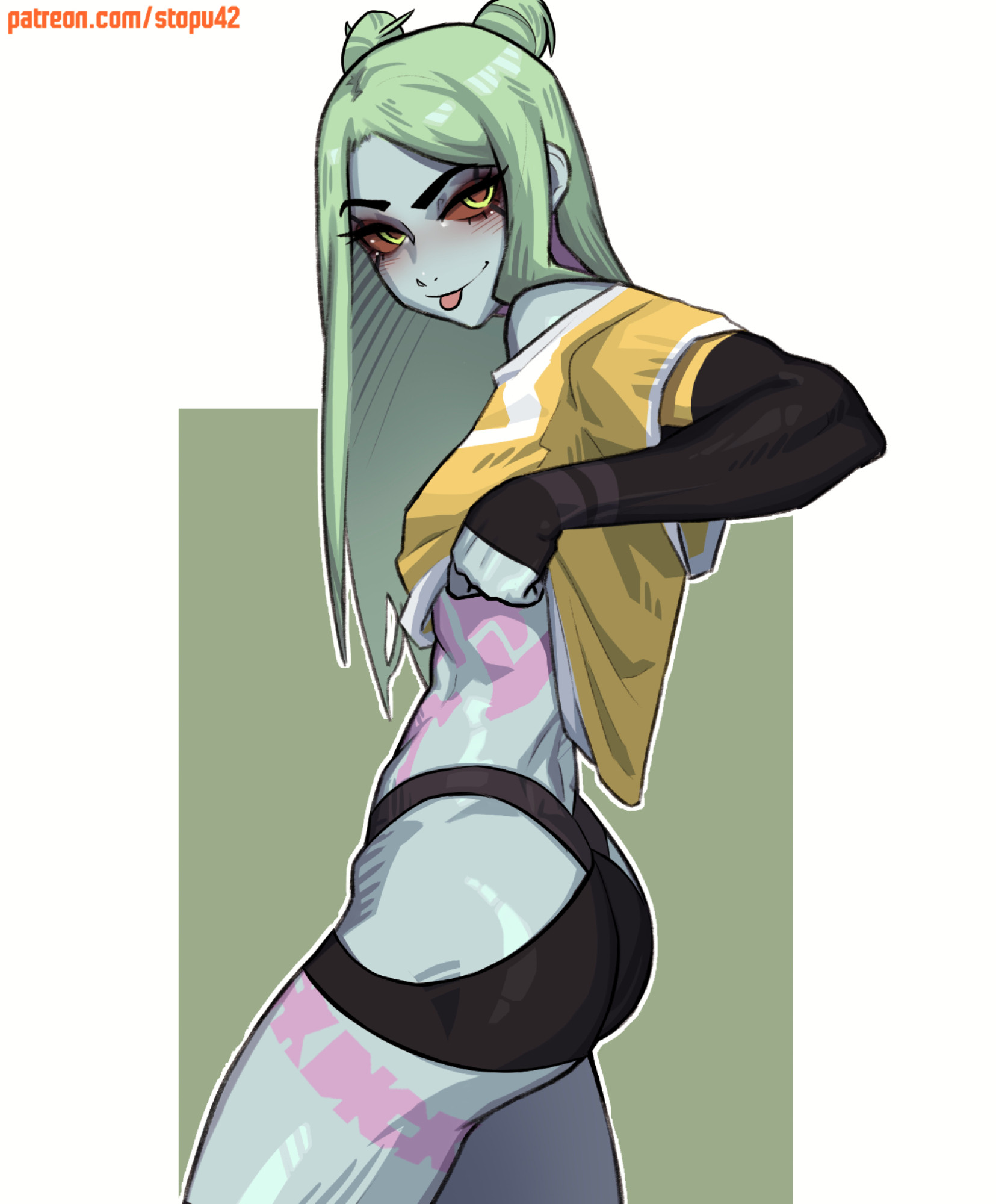 1girls, 2024, abs, bottom heavy, breasts, cyberpunk (series), cyberpunk 2077, cyberpunk: edgerunners, female, green hair, long hair, looking at viewer, muscular, rebecca (edgerunners), side view, simple background, slim waist, small breasts, solo, stopu, tongue, tongue out