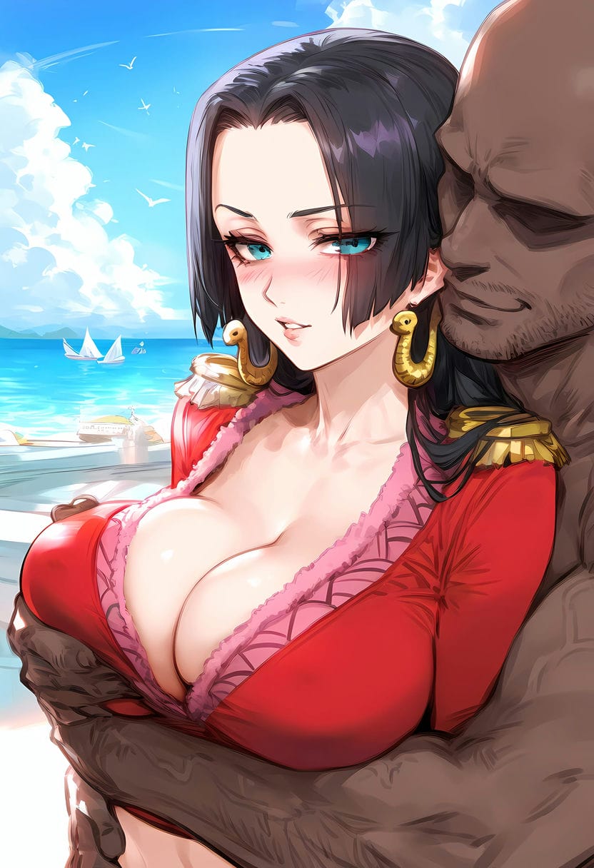 1boy 1girls ai_generated bare_arms bare_shoulders big_breasts black_hair blue_eyes boa_hancock dark-skinned_male dark_skin female grabbing_breasts hand_on_breast interracial large_breasts long_hair looking_at_viewer male male/female muscles muscular muscular_male nakatori netorare ntr one_piece shounen_jump