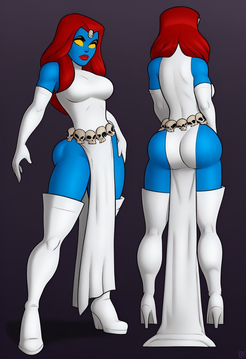 ai_generated ass blue_skin dress dress_inside_ass elbow_gloves female marvel mystique red_hair red_lipstick standing thighhighs white_gloves white_thighhighs x-men yellow_eyes