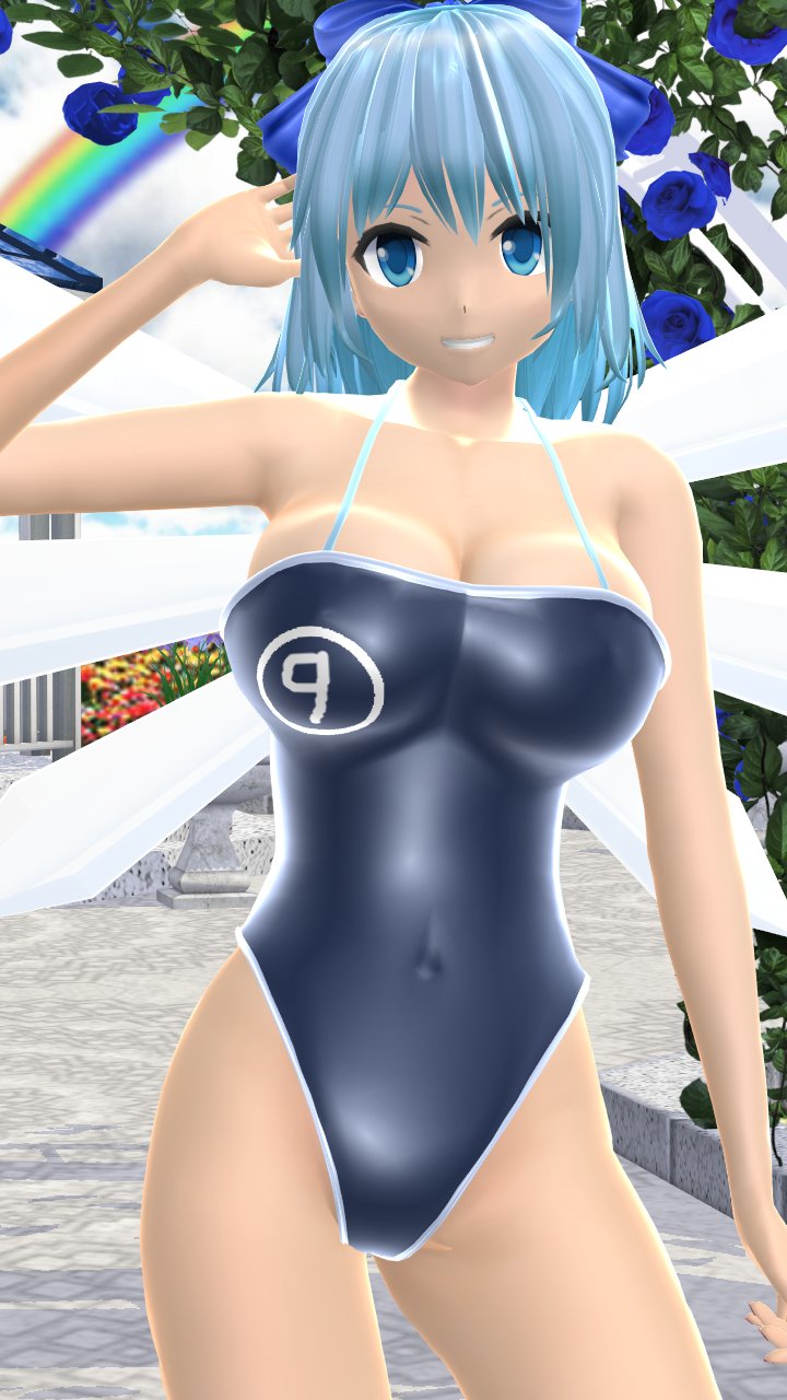 1girls 2023 3d adult_female arm_up belly_button blue_eyes blue_hair_female blue_ribbon blue_swimsuit breasts cirno cleavage clouds fairy flowers garden hand_on_hair hati_yukkuri_mmd hips ice_wings jpeg leaves light-skinned_female looking_at_viewer mmd outdoors rainbow short_hair_female smiling_at_viewer solo_female solo_focus swimsuit touhou waist