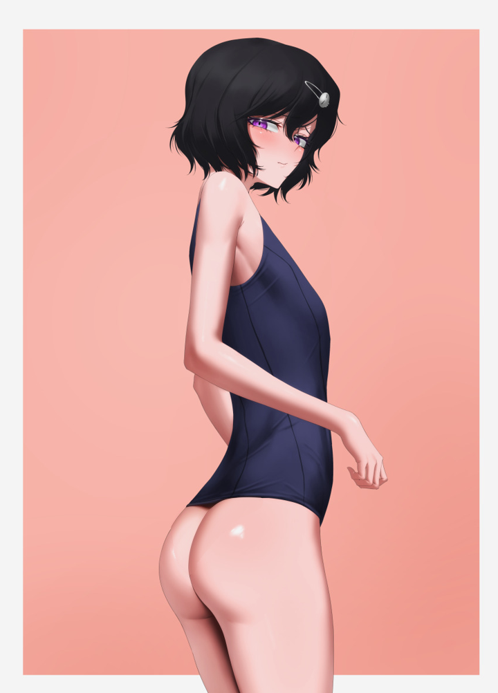 1boy androgynous ass bare_shoulders black_hair blush blushing dark_blue_shirt edited looking_at_viewer mouth_closed patially_clothed purple_eyes salmon_background simple_background solo swimsuit_top tagme trap urushibara_ruka