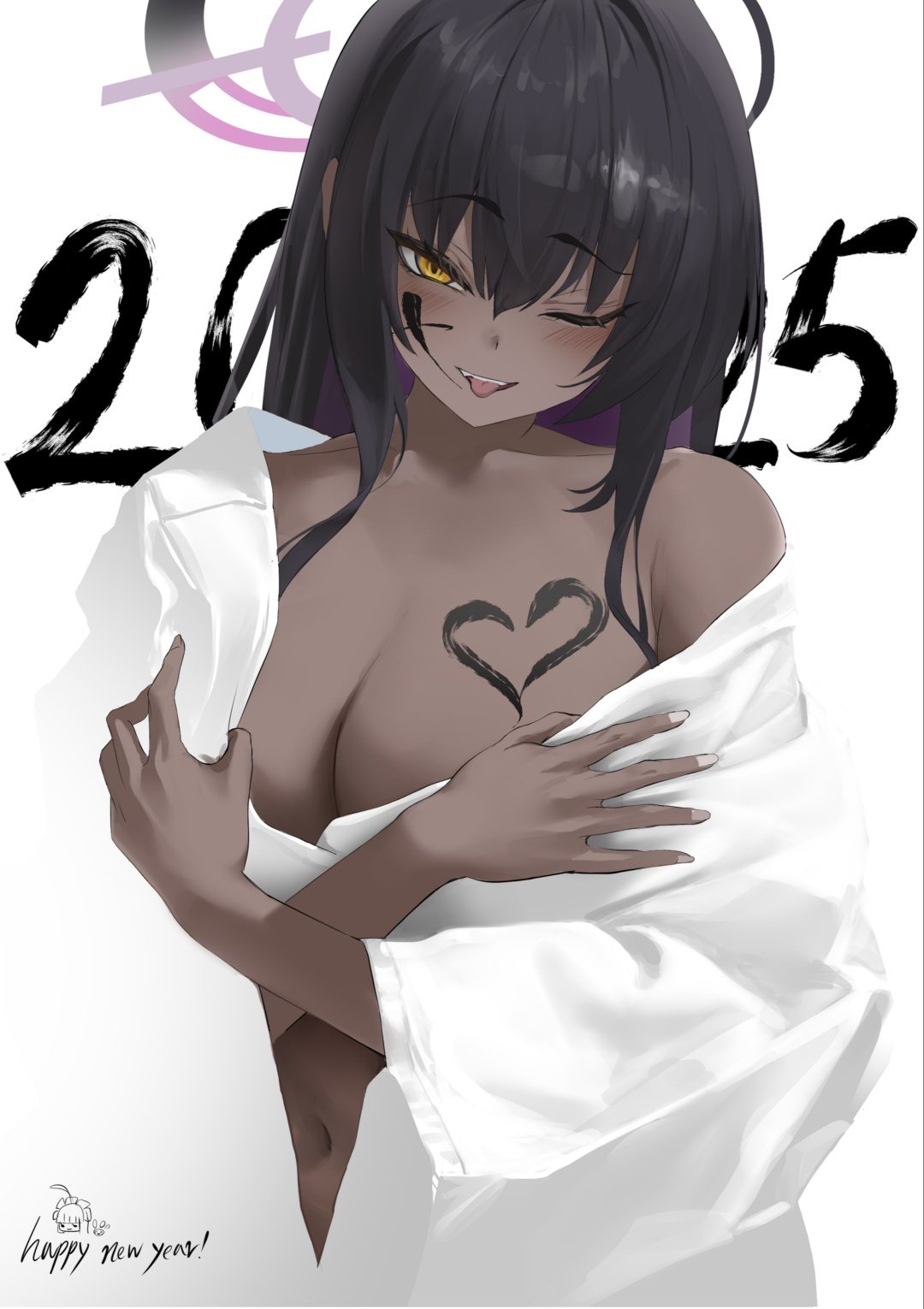 1girls blue_archive bpang72709895 breasts dark-skinned_female hair_down happy_new_year karin_(blue_archive) stripping wink