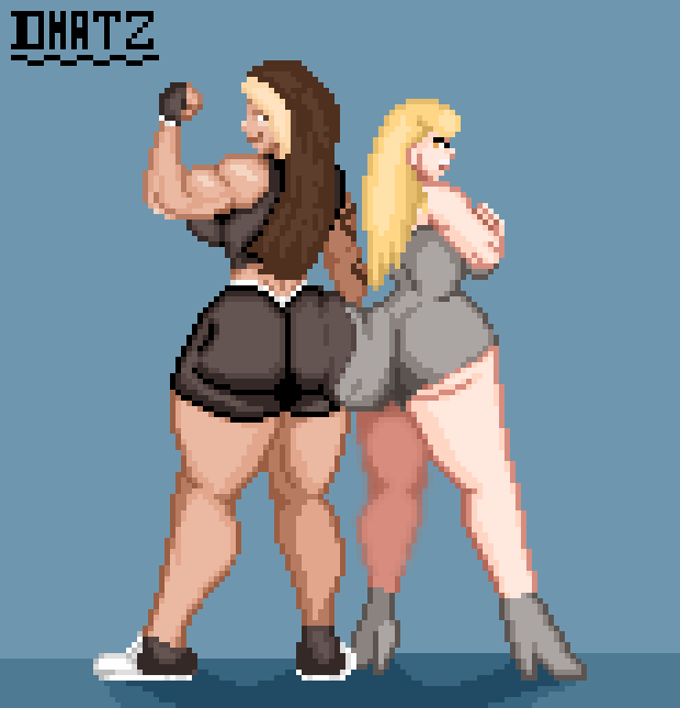 2d 2d_(artwork) 2d_artwork 2girl 2girls ass_bigger_than_head ass_focus big_ass big_butt big_muscles big_thighs blonde_female blonde_hair blue_background booty_shorts brown_hair dhatz downbadsmutdev dress duo gloves high_heels linda_(lockdowndom) muscular muscular_female pillow_shading pixel_(artwork) pixel_art pixelated ruby_(lockdowndom) shoes shorts size_difference smile tall_female taller_female taller_girl tan tan_body tan_skin thunder_thighs thunderthighs