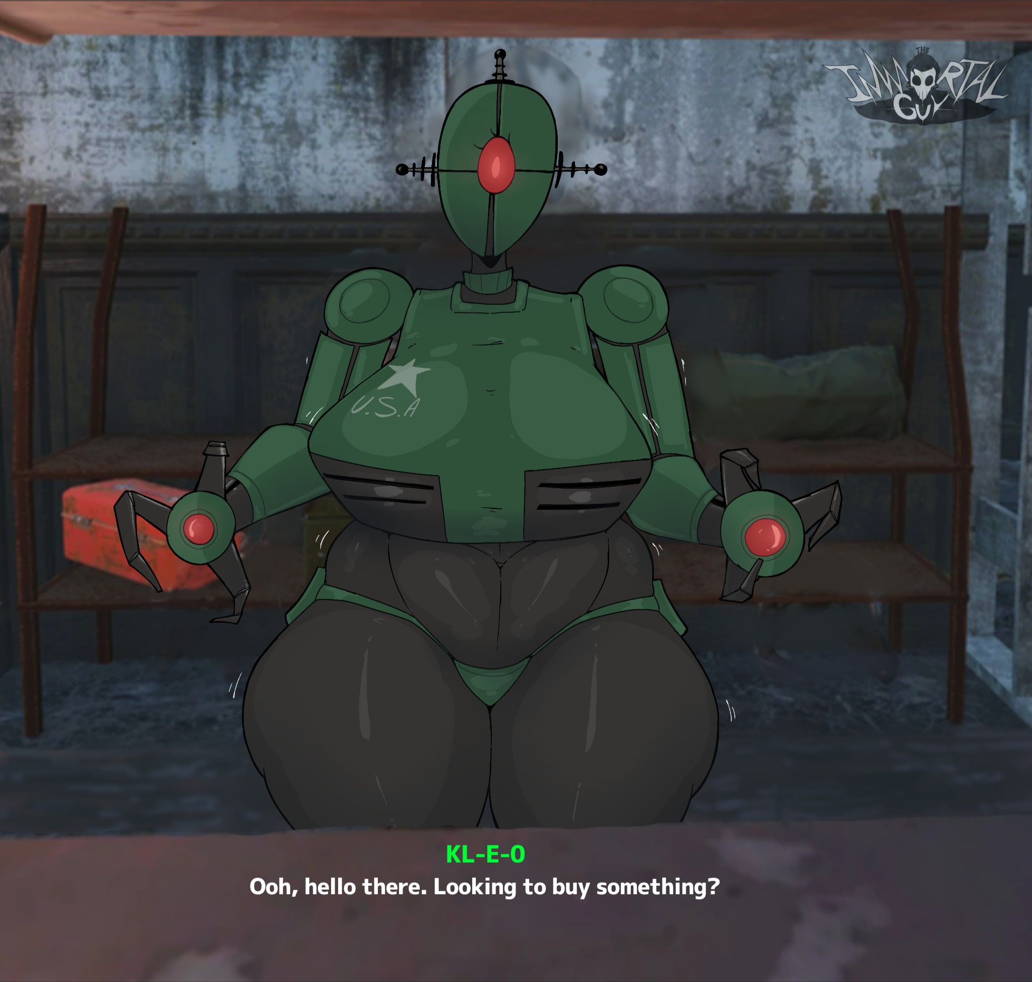 1girl, 1girls, 2d, 2d (artwork), 2d artwork, android, android girl, assaultron, assaultron (fallout), belly, curvaceous, curvaceous figure, curvy, curvy body, curvy female, curvy figure, cyclops, dialogue, english, english text, fallout, fallout 4, female, female focus, hips, kl-e-0, offscreen character, red eyes, robot, robot girl, robot humanoid, theimmortalguy, thick thighs, thighs, voluptuous, voluptuous body, voluptuous female, wide hips