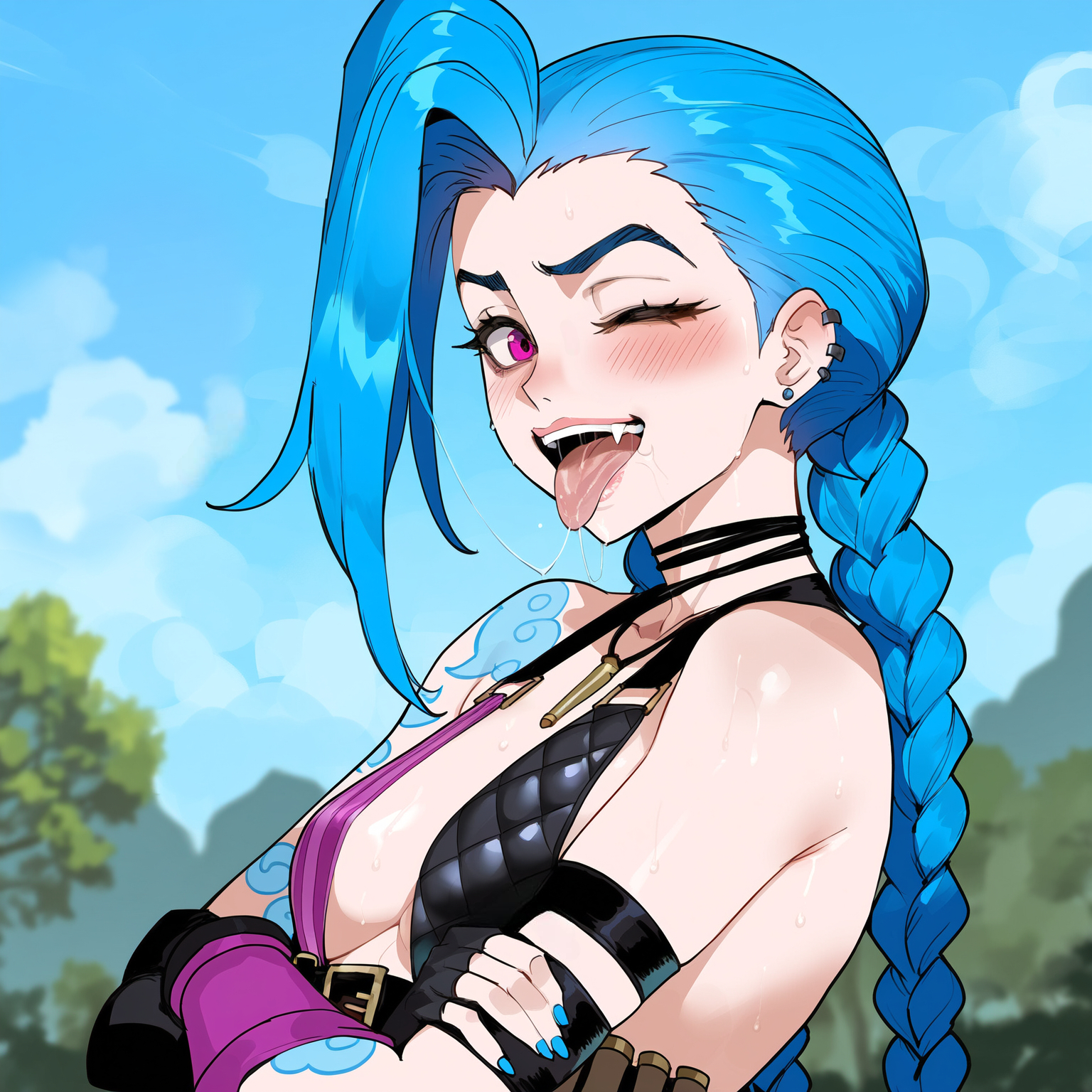 1girls, ai generated, arcane, arcane jinx, bangs, blue hair, blush, creamy ai, female, female focus, jinx (league of legends), league of legends, light skin, light-skinned female, long hair, looking at viewer, one eye closed, open mouth, solo, tagme, tongue, tongue out, twin braids, twintails
