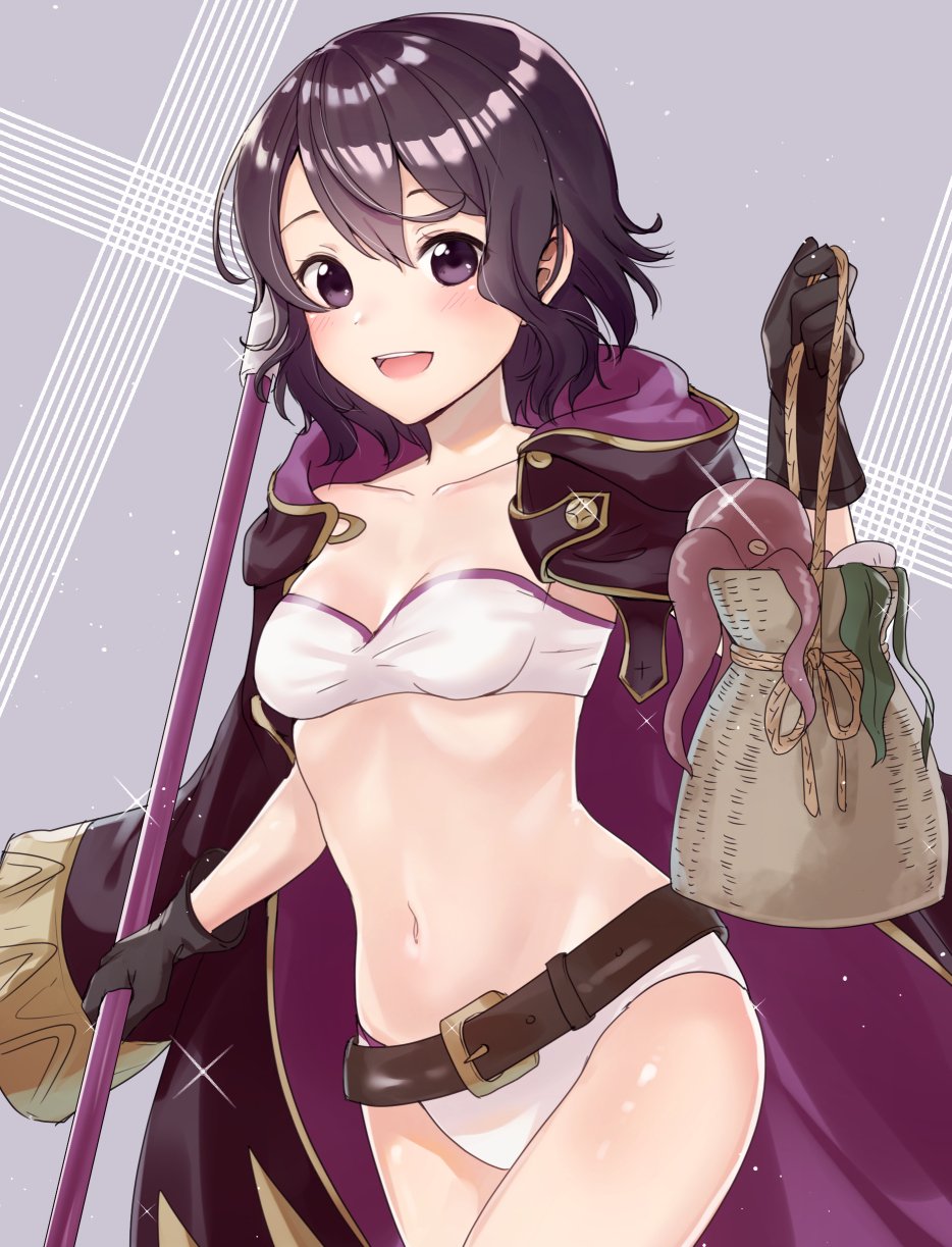 1girls belt bikini black_hair female fire_emblem fire_emblem_awakening gloves haru_(nakajou-28) holding morgan_(fire_emblem) morgan_(fire_emblem)_(female) nintendo open_mouth polearm pouch purple_eyes short_black_hair short_hair small_breasts smile solo swimsuit weapon