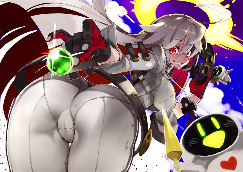 ahoge arc_system_works ass bodysuit breasts cameltoe candy familiar female food from_behind gloves grin guilty_gear guilty_gear_xrd guilty_gear_xrd:_revelator halo hyocorou jack-o'_valentine large_breasts leaning leaning_forward lollipop long_hair looking_at_viewer looking_back lowres mask multicolored_hair pantylines platinum_blonde_hair red_eyes red_hair shiny shiny_hair sideboob skin_tight smile two-tone_hair very_long_hair