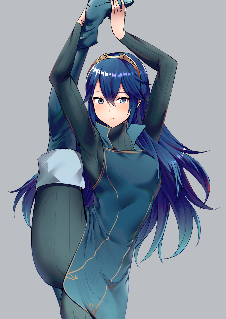 ameno_(a_meno0) arms_up bangs blue_bodysuit blue_eyes blue_hair blush bodysuit boots closed_mouth dress female fire_emblem fire_emblem_awakening gradient gradient_background grey_background highres holding jewelry leg_up lips long_hair long_sleeves looking_at_viewer lucina_(fire_emblem) nintendo ribbed_bodysuit shiny shiny_hair short_dress simple_background skin_tight solo splits standing standing_on_one_leg thigh_boots thighhighs thighs tiara turtleneck vertical_splits