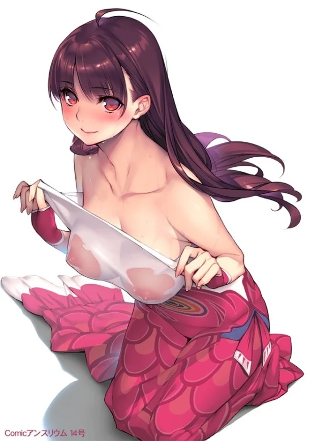 1girls brown_hair clothing comic_anthurium dark_brown_hair female fingerless_gloves hazel_eyes kimono large_breasts long_hair looking_at_viewer original sasaoka_gungu undressing voluptuous wet_clothes