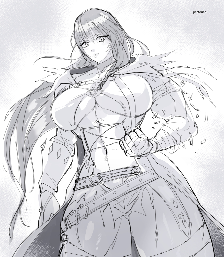 alternate_muscle_size black_and_white muscular_female pectoriah sketch tales_of_(series) velvet_crowe