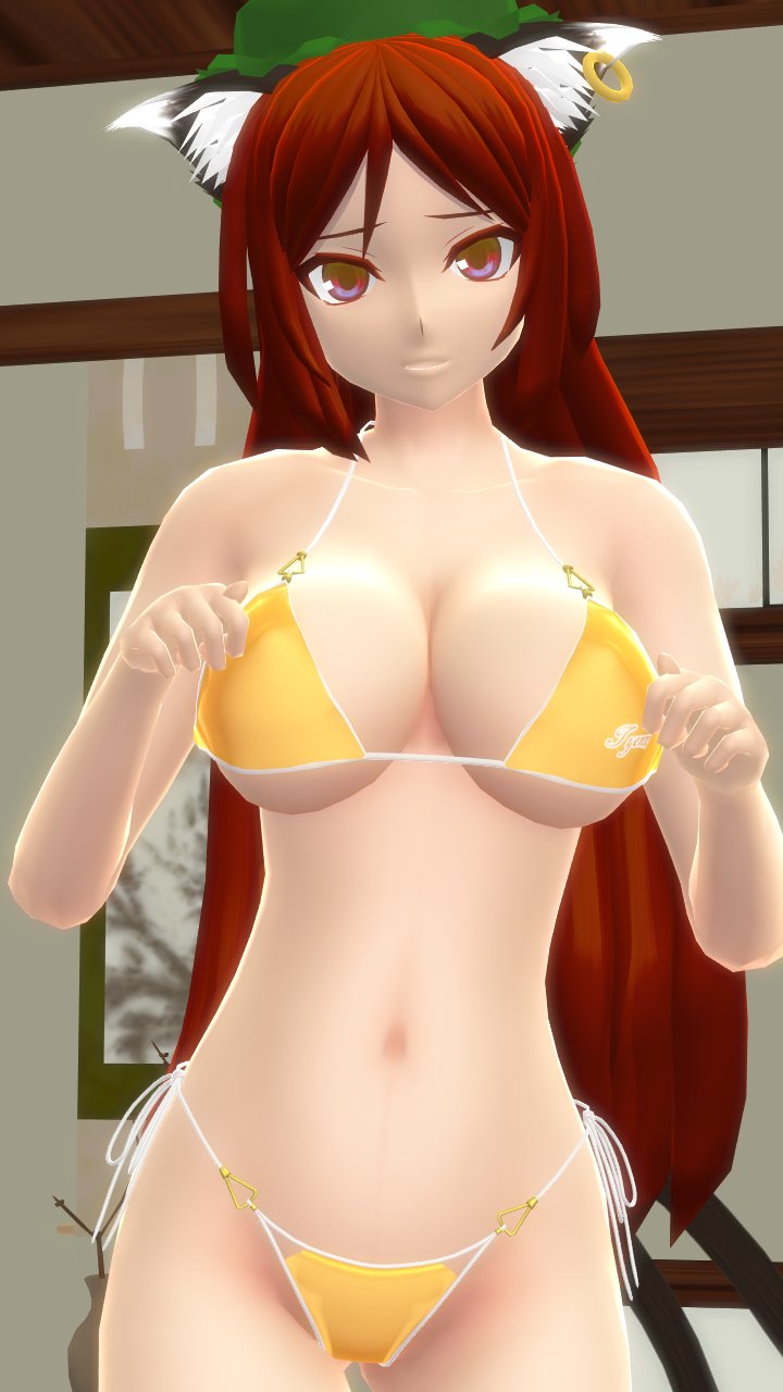 1girls 2023 3d adult_female arms_up belly_button bikini breasts brown_hair_female chen cleavage feline_humanoid hat hati_yukkuri_mmd headwear hips indoors interior_background jpeg kemonomimi light-skinned_female long_hair_female looking_at_viewer mmd mob_cap nekomata red_eyes solo_female solo_focus swimsuit touhou waist yellow_bikini youkai