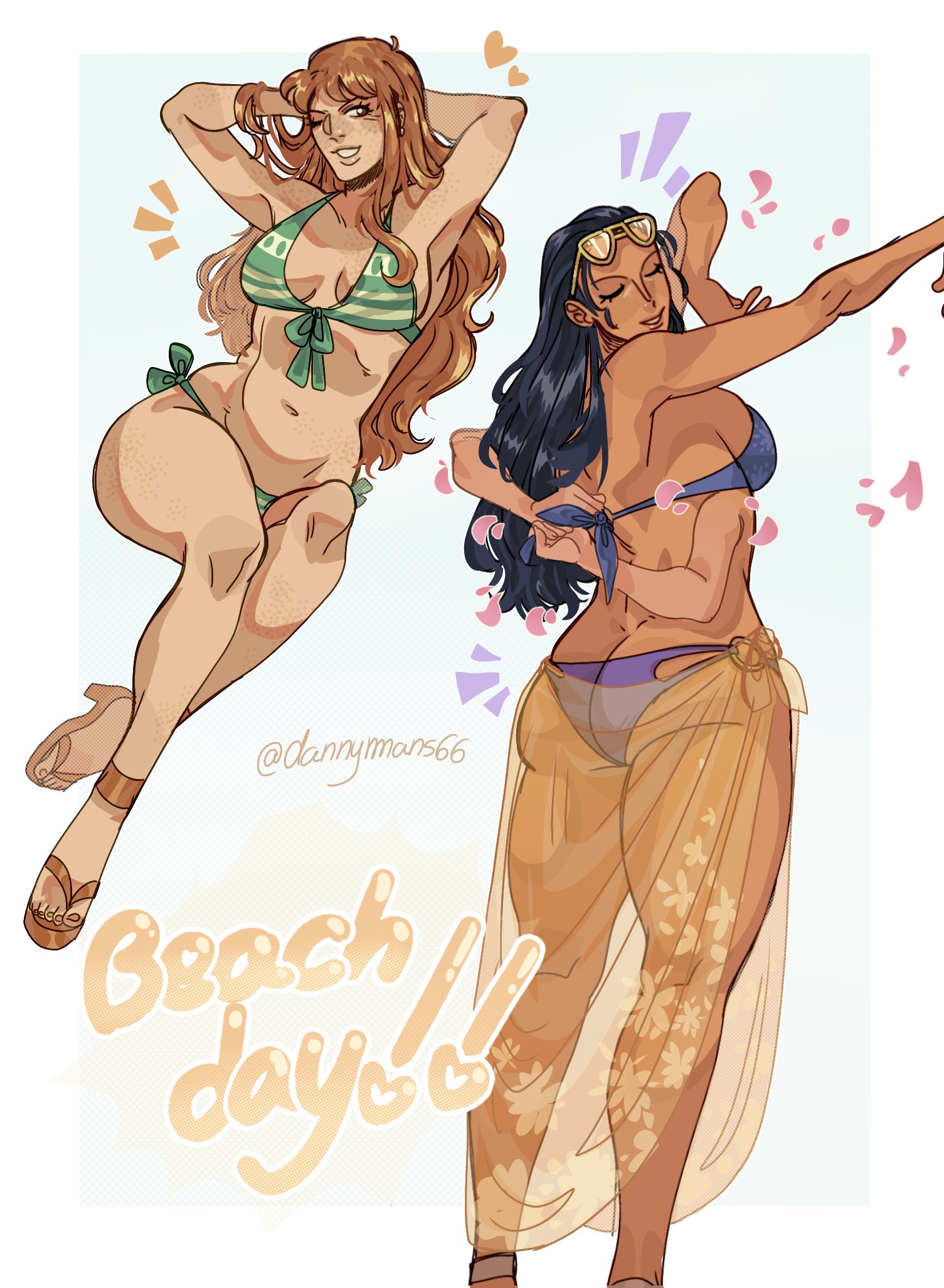 2girls, ass, bikini, breasts, clothing, dannymans66, dark skin, dark-skinned female, female, female only, hana hana no mi, huge ass, large breasts, nami (one piece), nico robin, one piece, tagme
