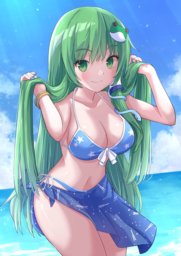 bikini cleavage female female_only green_eyes green_hair looking_at_viewer navel ocean ramie_(ramie541) revealing_clothes sanae_kochiya skirt smile swim_skirt swimsuit touhou wholesome