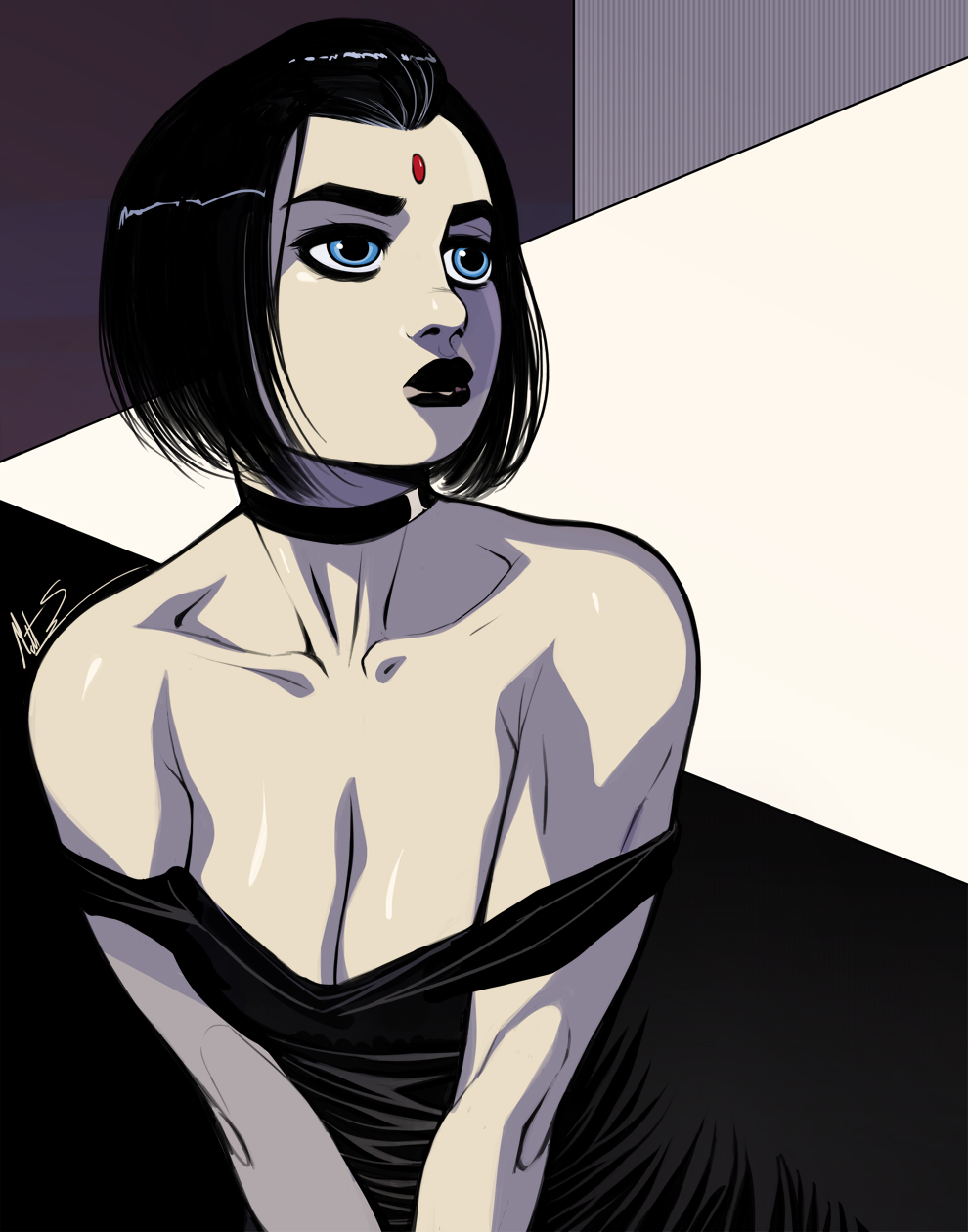 bare shoulders, big breasts, black hair, black lips, black lipstick, blue eyes, breasts, busty, choker, cleavage, collarbone, dc, dc comics, dress, eyelashes, female, female focus, female only, hourglass figure, light skin, light-skinned female, lipstick, makeup, mascara, msperoni, pale skin, pale-skinned female, pinup, pinup pose, pose, posing, rachel roth, raven (dc), short hair, skin tight, smooth skin, solo, tagme, teen titans, triplexmile, wide hips