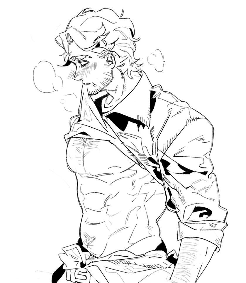 1boy abs blush breath_cloud curly_(mouthwashing) male monochrome mouthwashing muscular_male partially_clothed pecs safe shirt_in_mouth shirt_lift shy